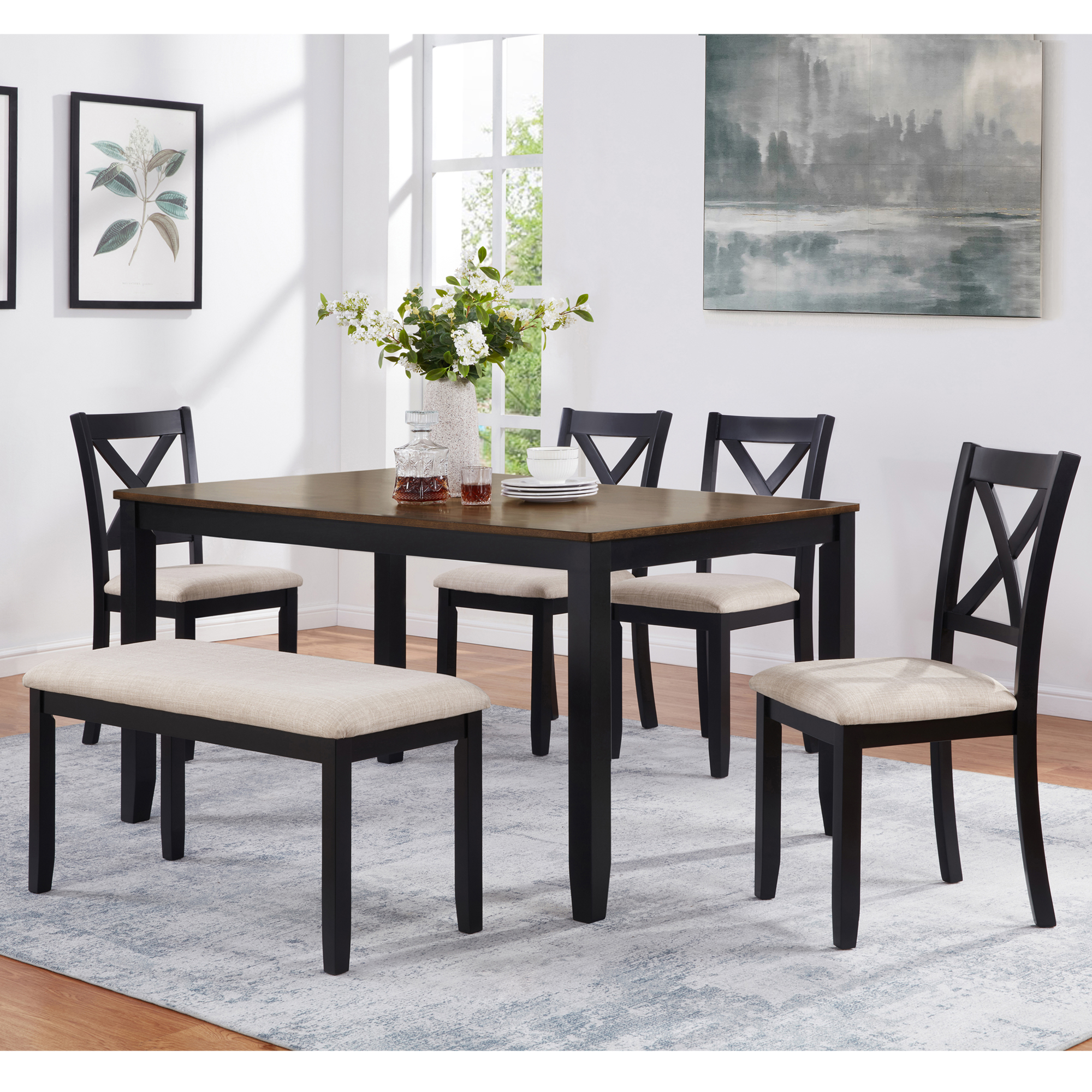 Ensemble salle à manger 6 personnes, table ferme chaises noirâtre