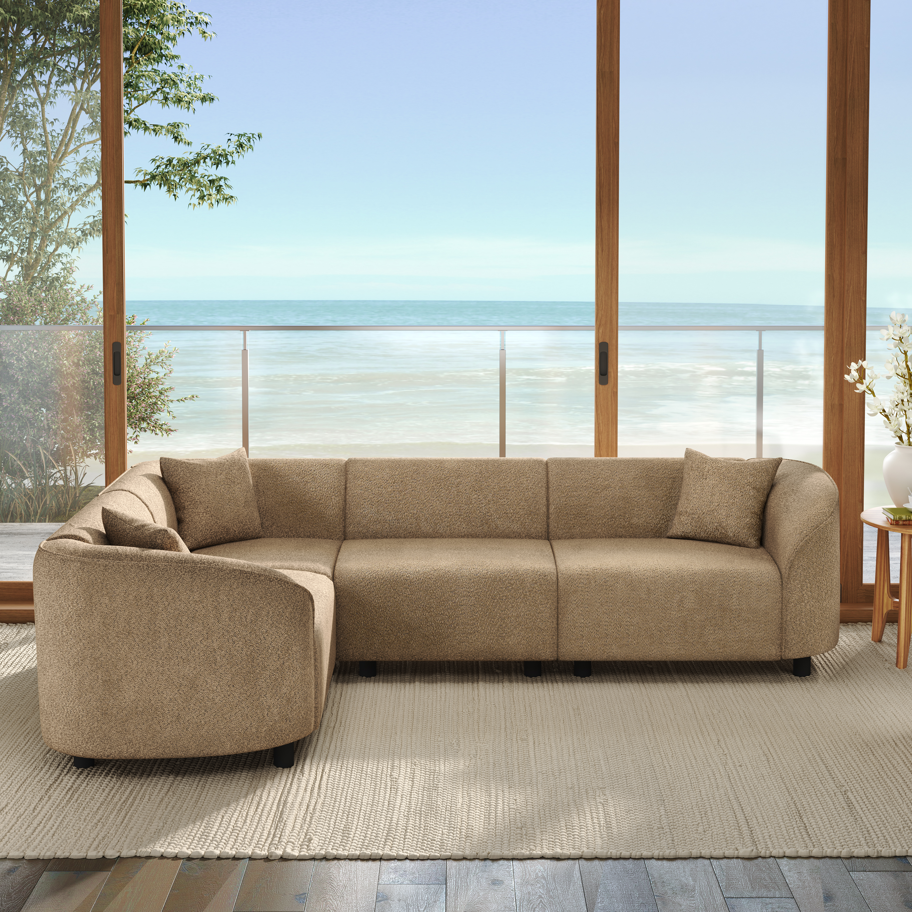 Causeuse sectionnel courbée 104 po contemporaine luxury bouclé chameau
