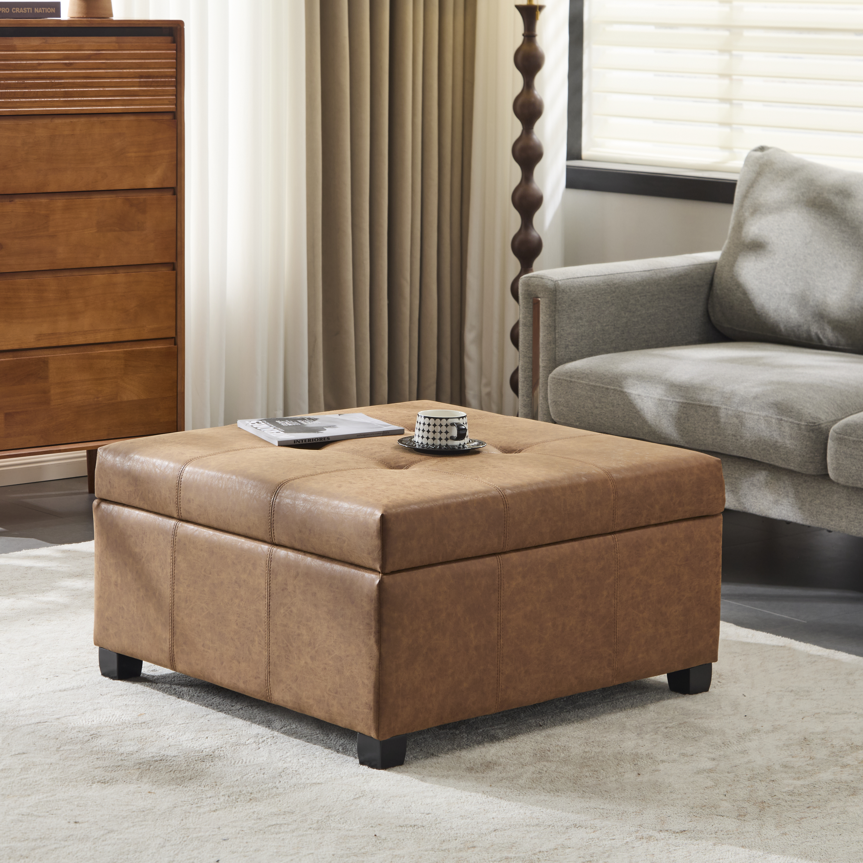 Pouf Stockage Similicuir Brun 35po Tabouret Rangement