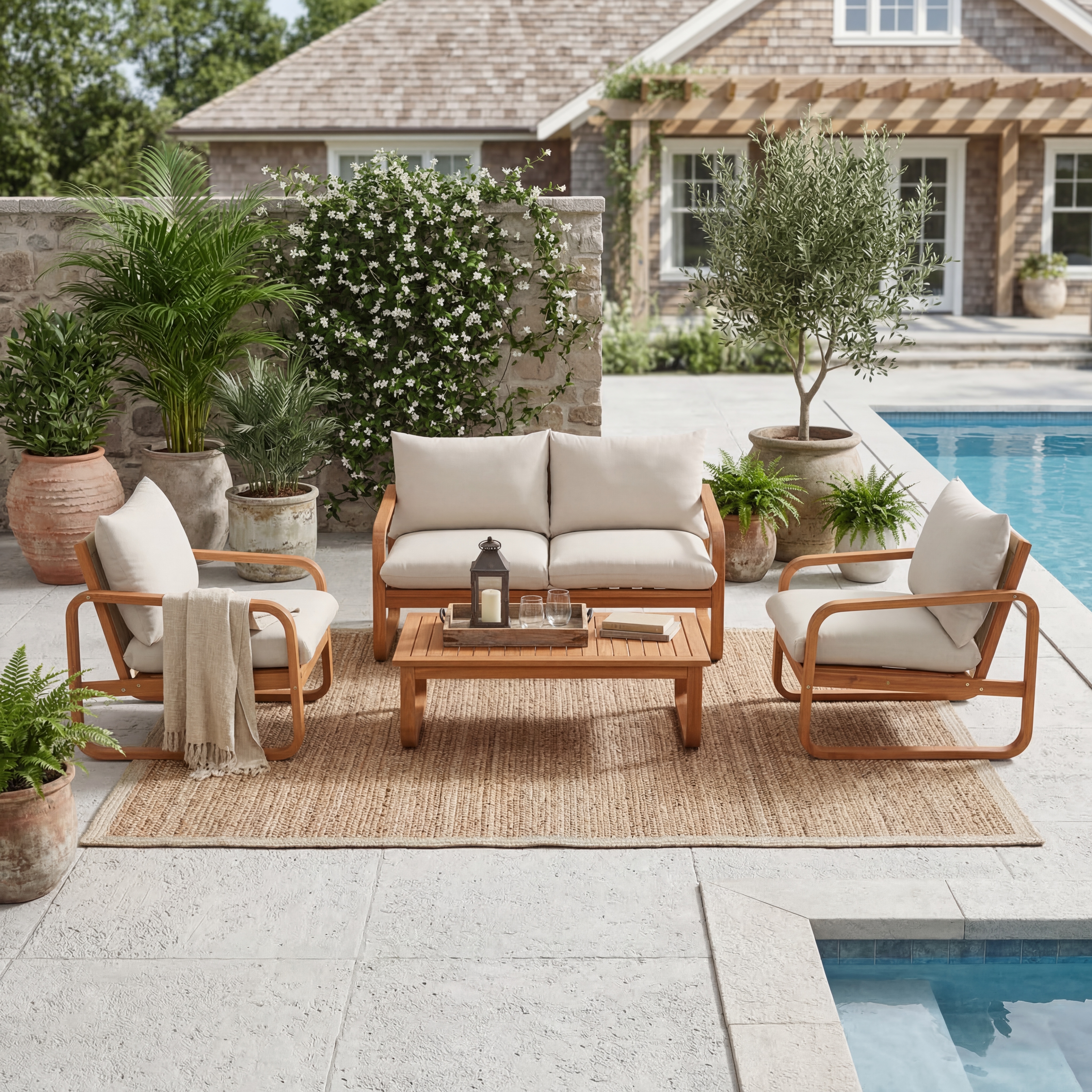 Ensemble 4 mcx patio bois acacia coussins épais loveseat 2 chaises table