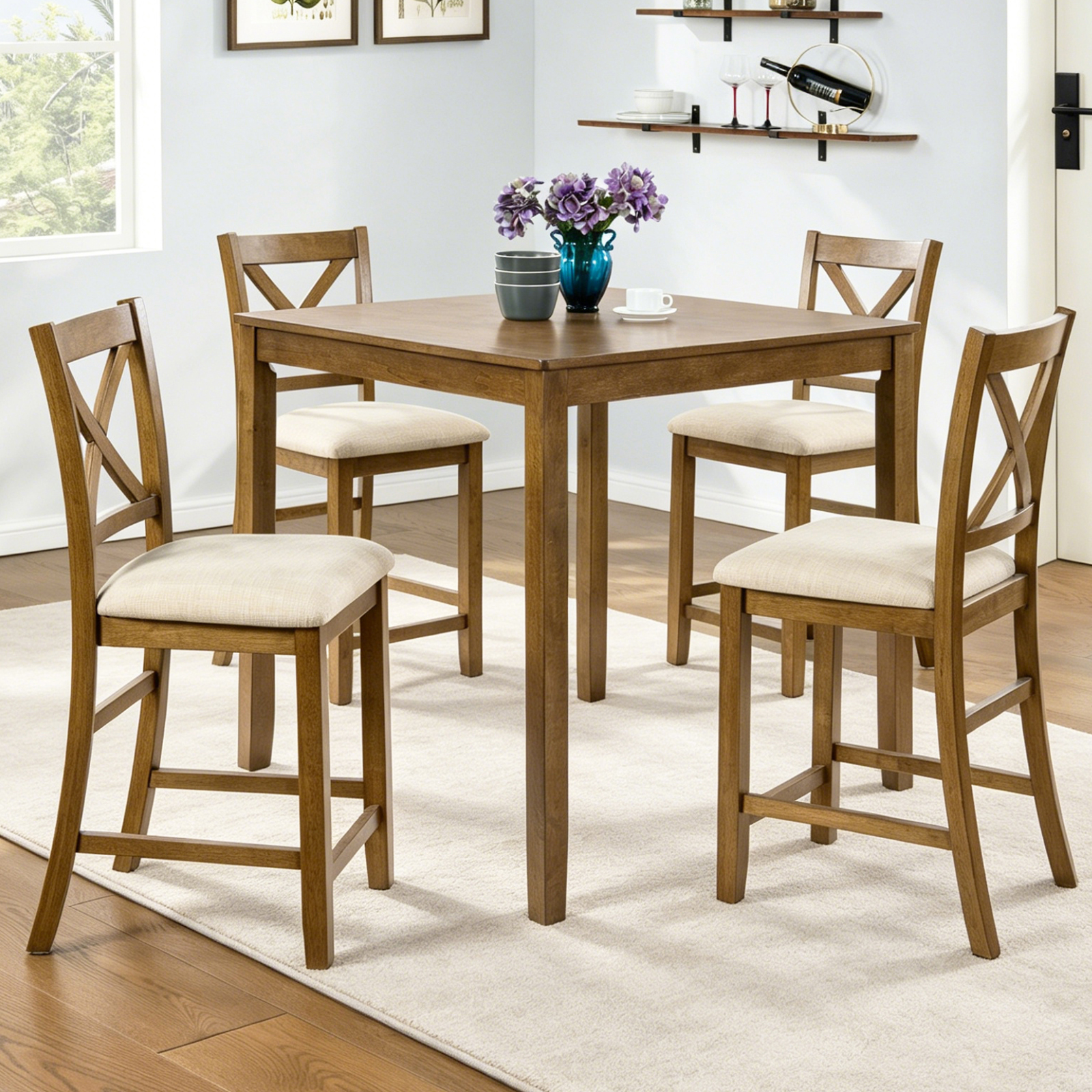 Ensemble de salle à manger 5 pièces chêne, hauteur comptoir, table carrée et 4 chaises