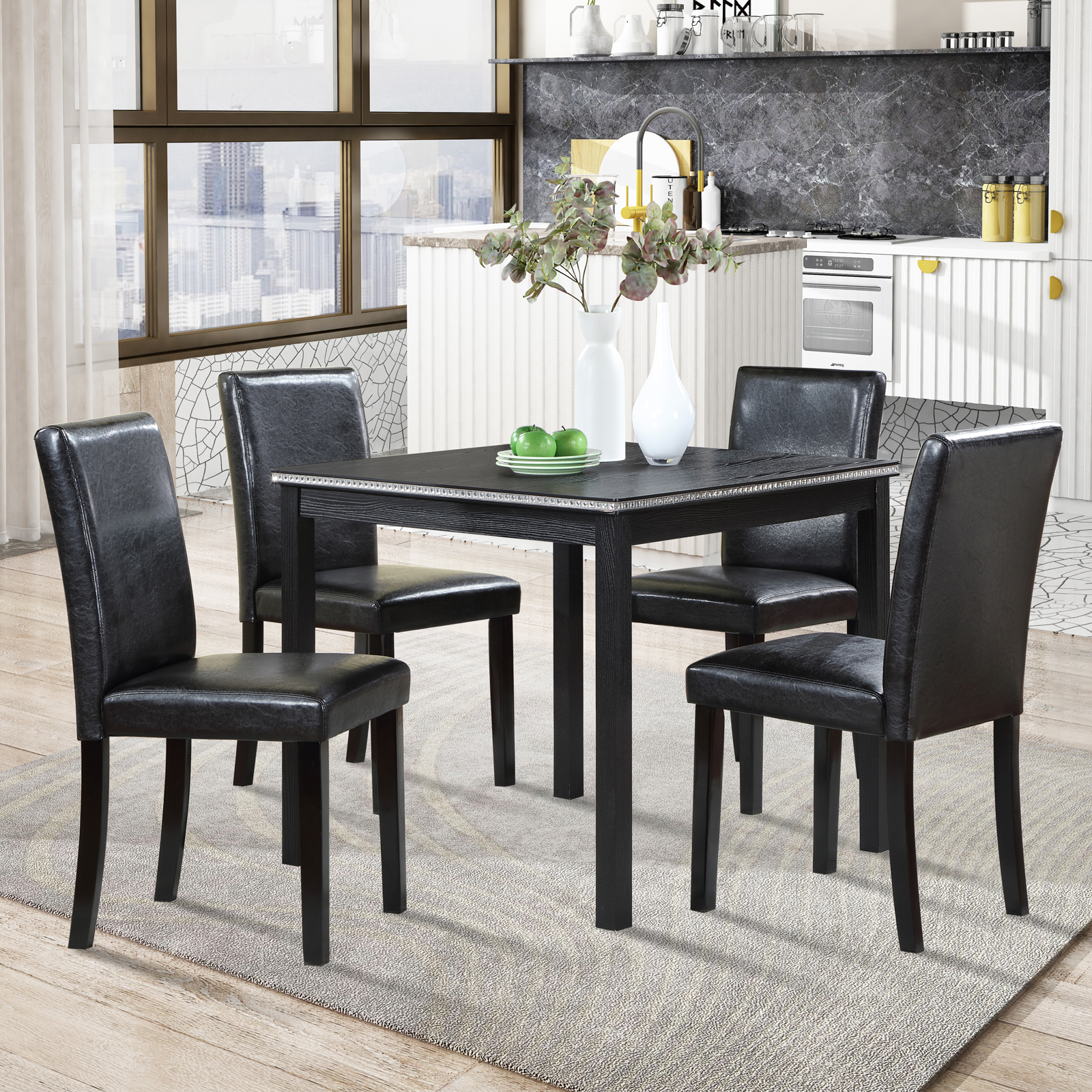 Ensemble 5 pièces, table + 4 chaises, noir