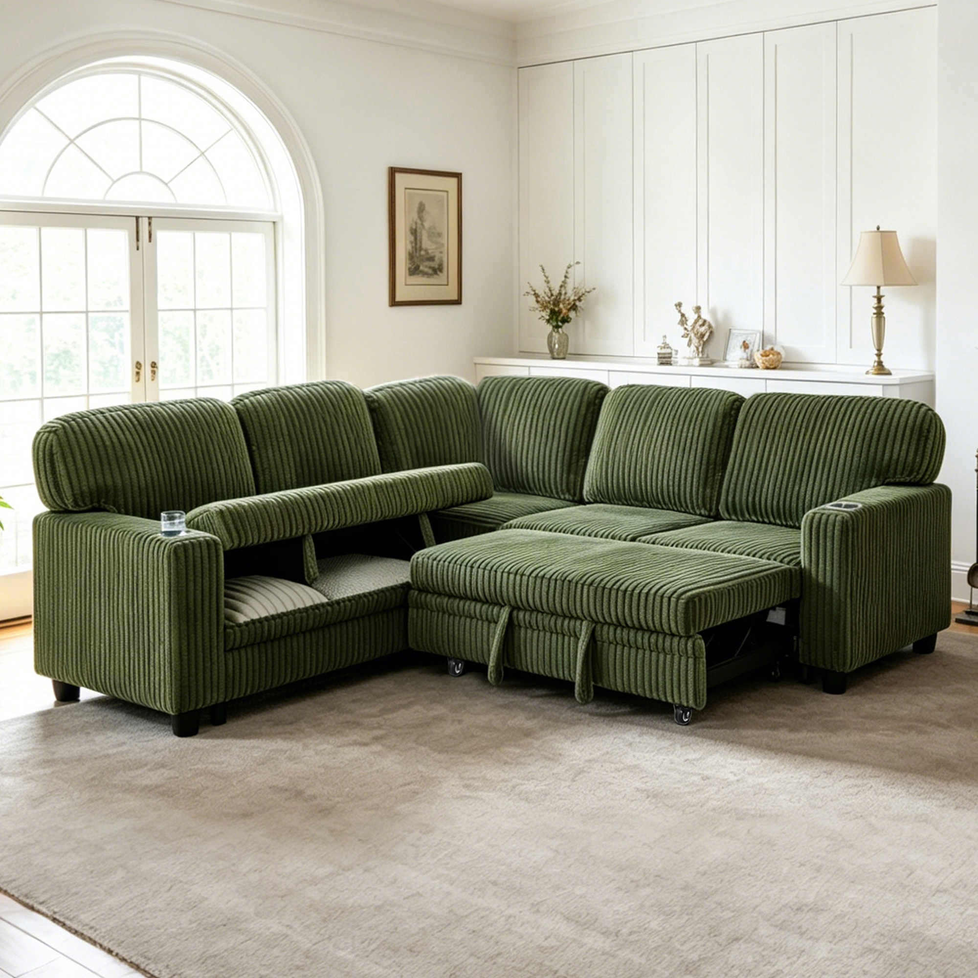 Sofa sectionnel lit convertible vert olive USB rangement