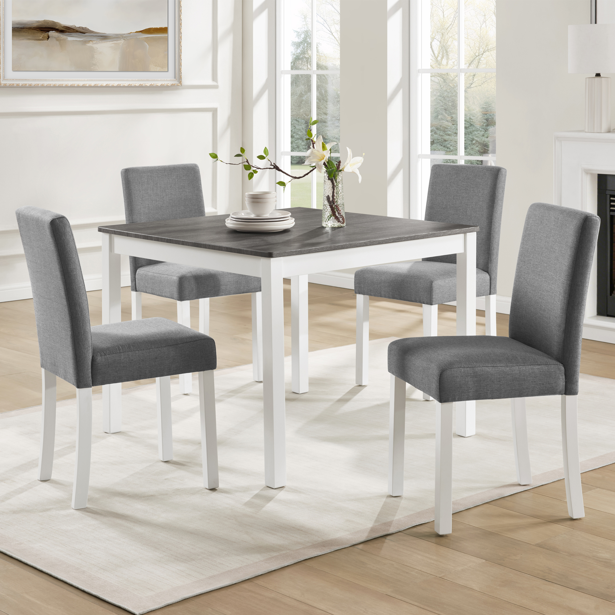 Ensemble salle à manger 5 pièces 4 chaises bois gris blanc