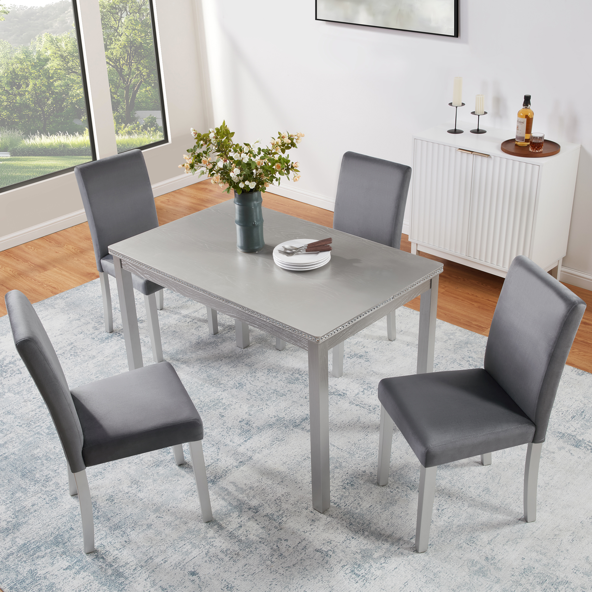 Ensemble table 5 pièces bois gris argenté