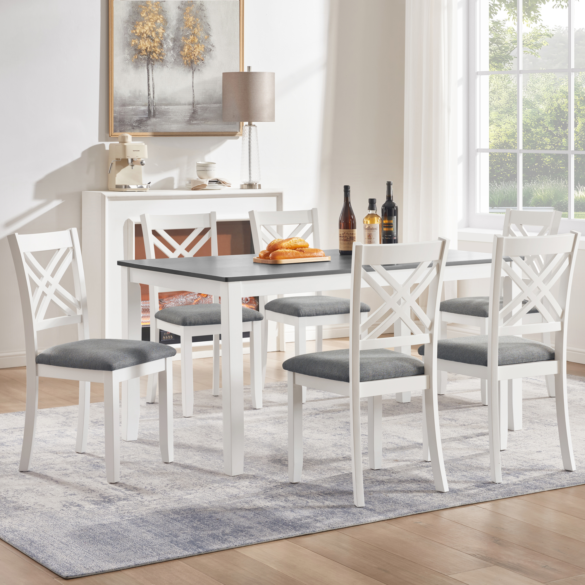 Ensemble salle à manger 7 pièces, table grise-blanche