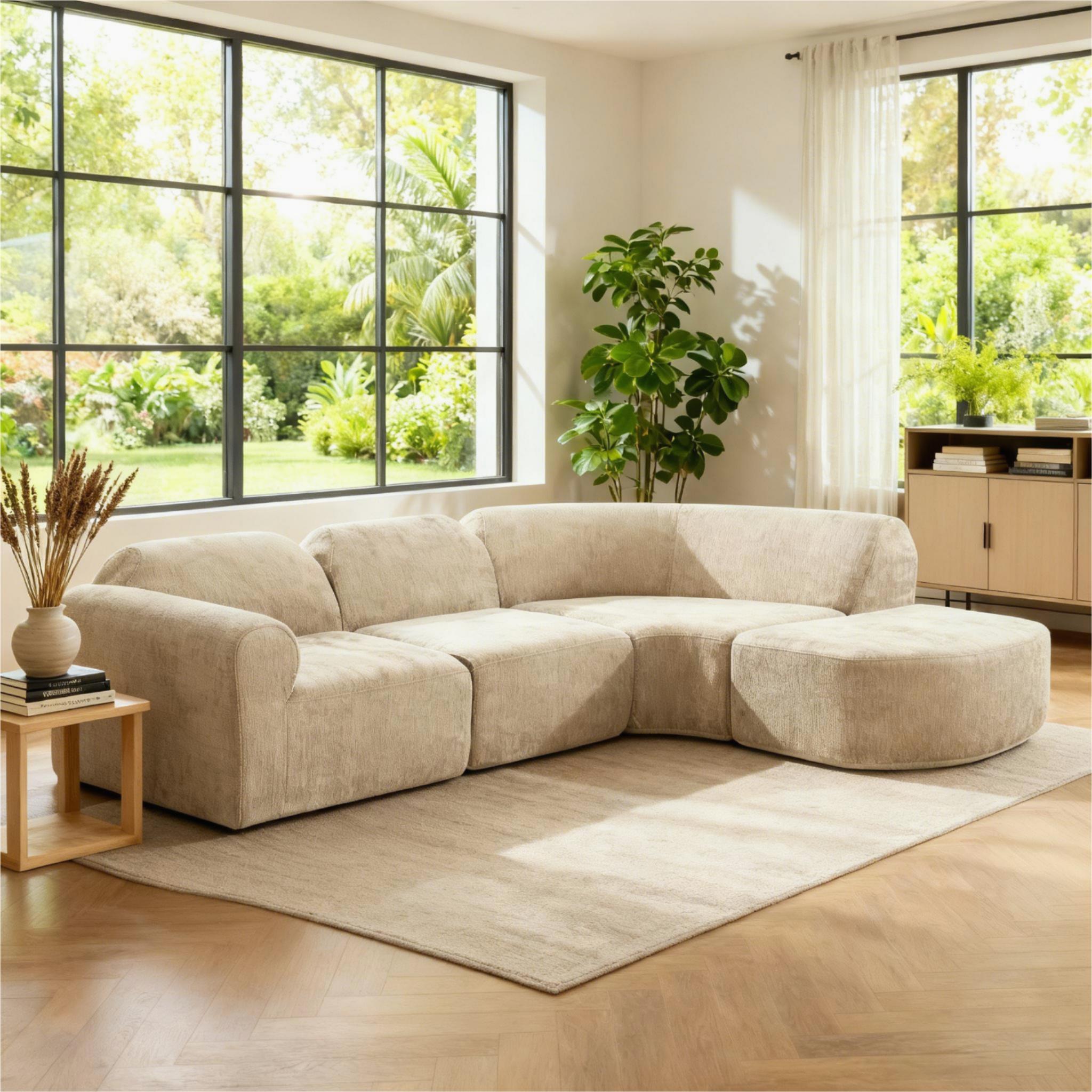 Sofa courbe 111" avec ottoman, 3 pièces assemblé, vert foncé