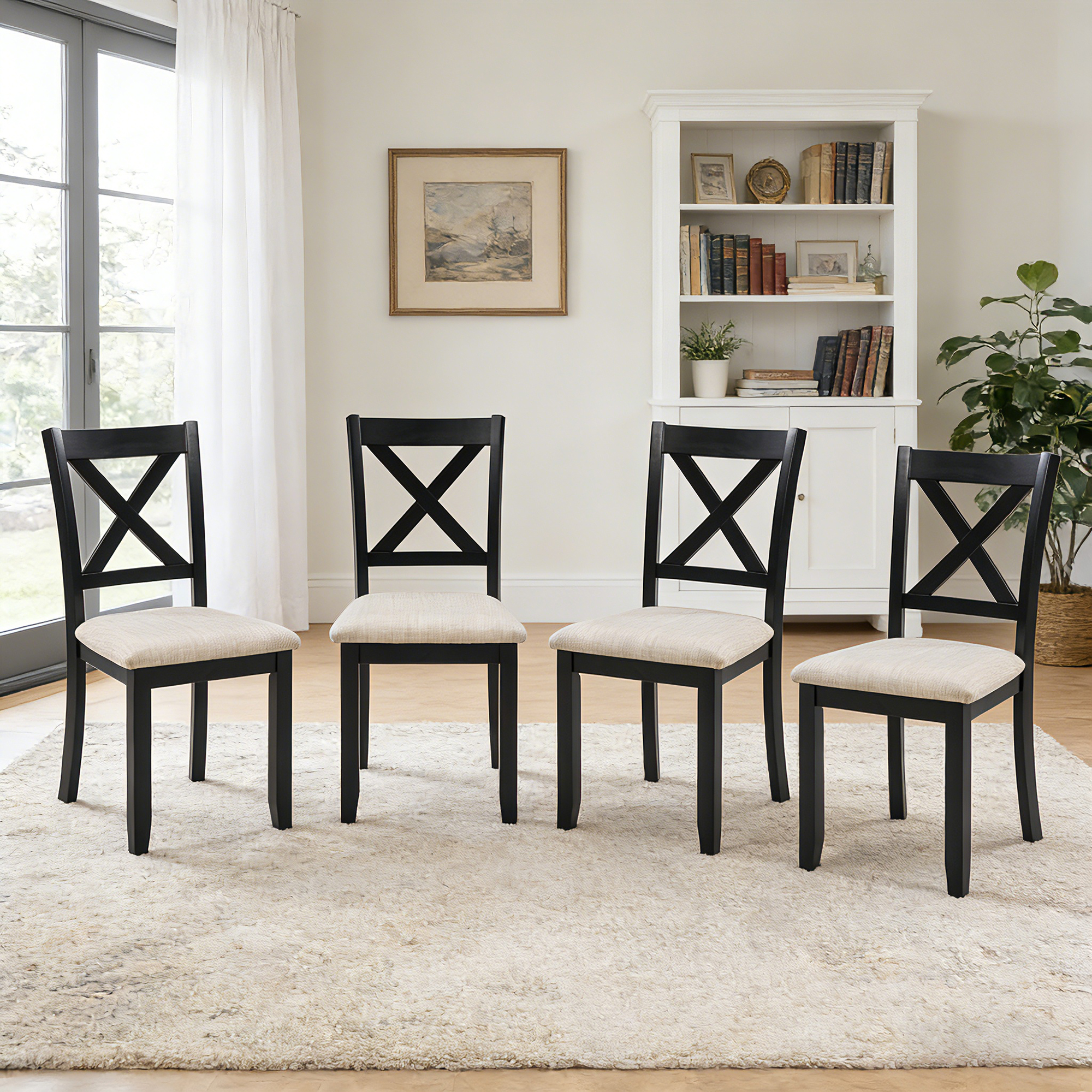4 chaises salle à manger bois rembourrage noir beige