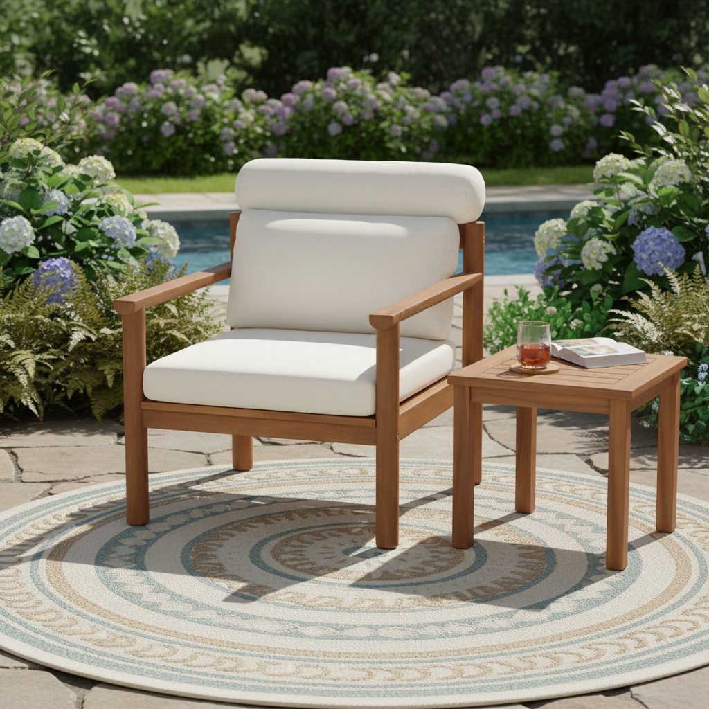 Chaise patio acacia 28 po mi-siècle, coussin épais