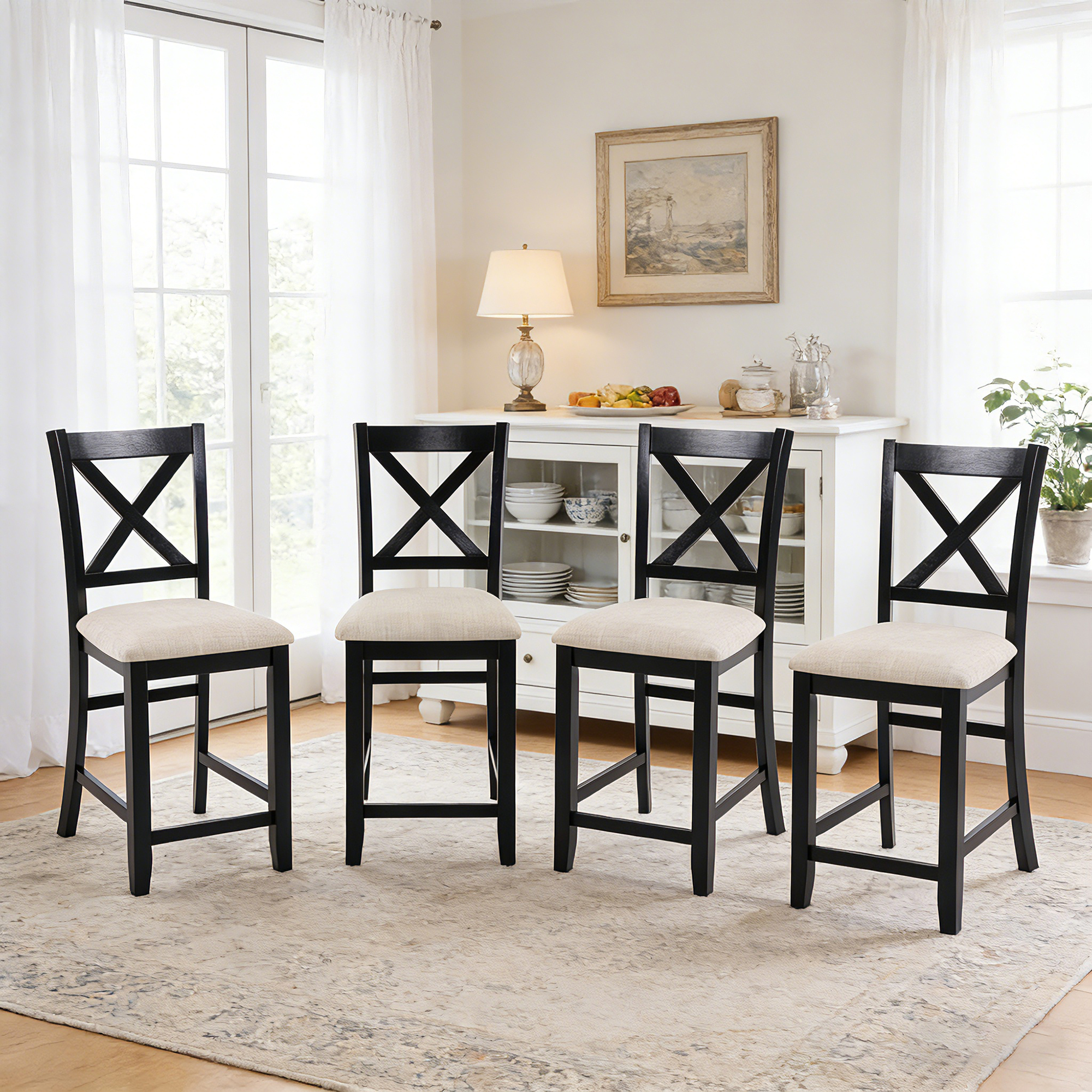 Chaises comptoir bois 4 pc rembourré noir/beige