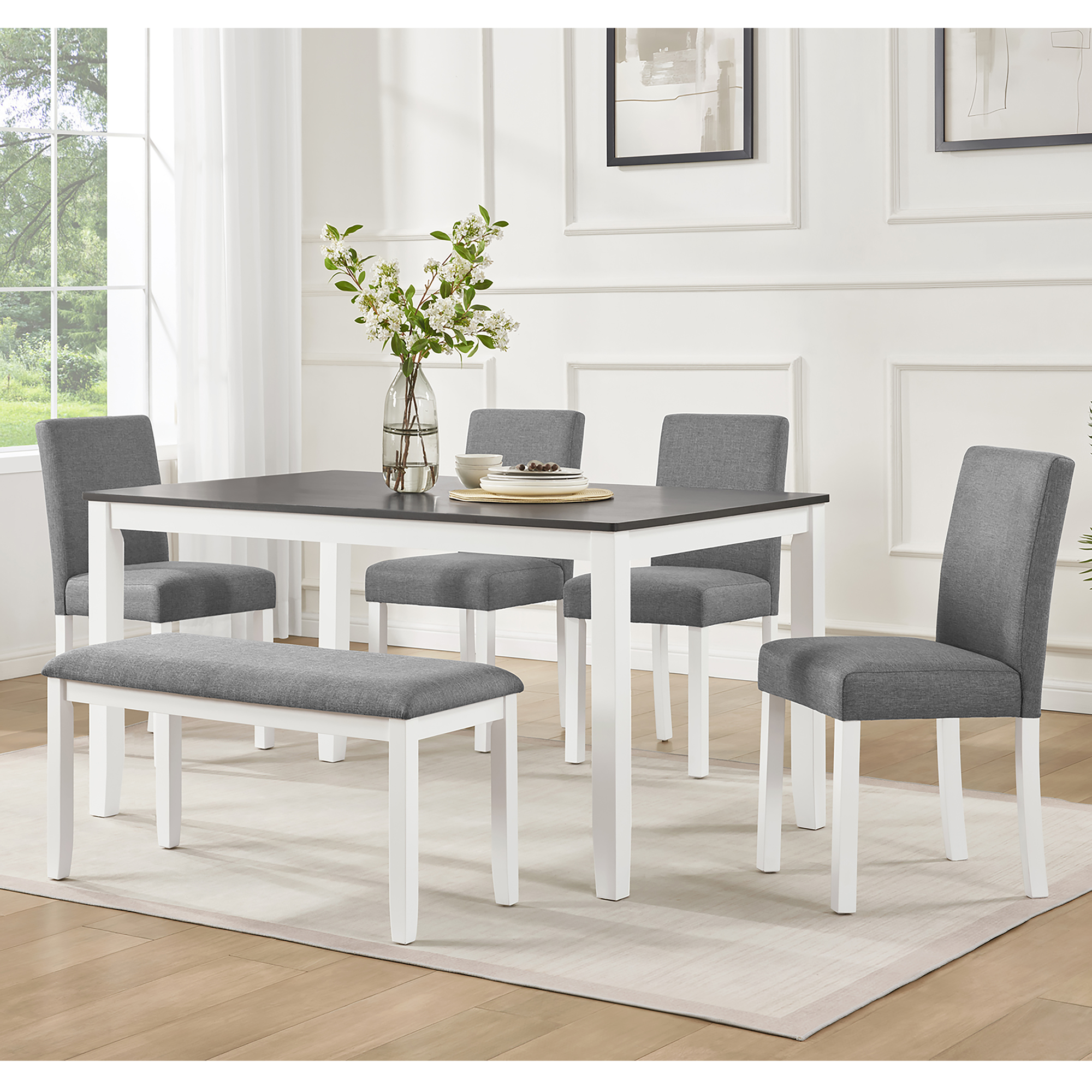 Ensemble salle à manger 6 pièces banc gris blanc clair