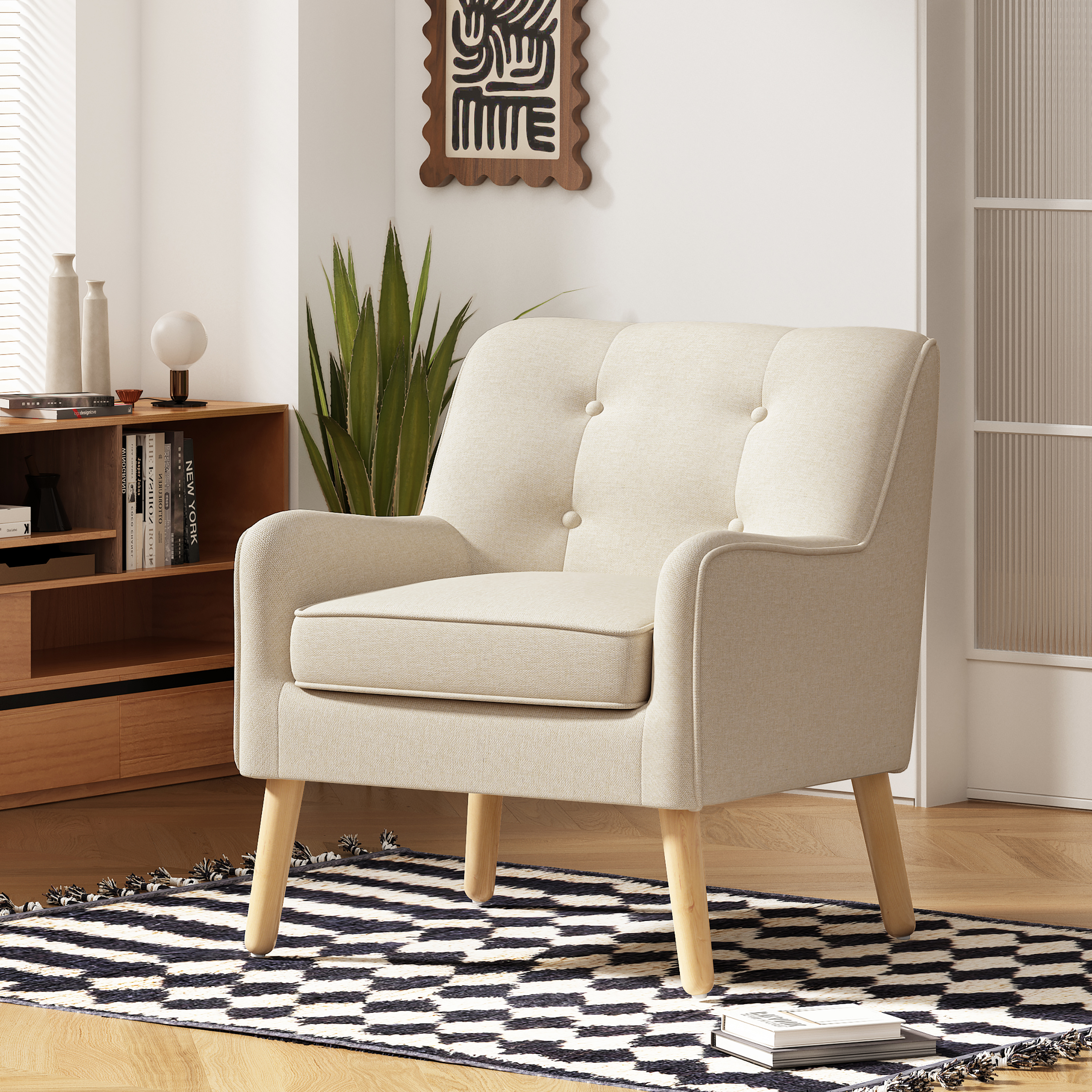 Fauteuil mid-century moderne capitonné, tissu, pieds bois massif