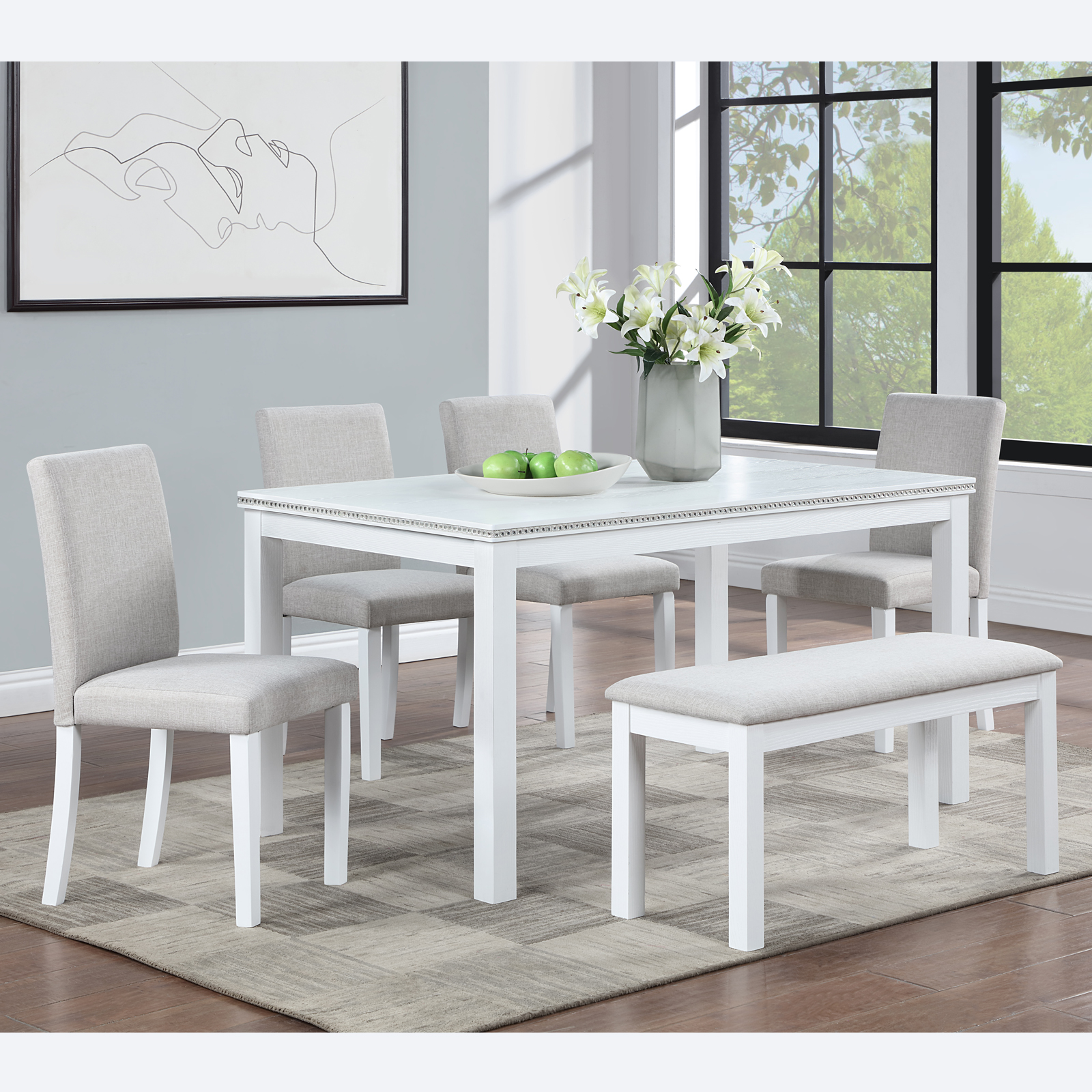 Ensemble salle à manger 6 pièces blanc bois table banc