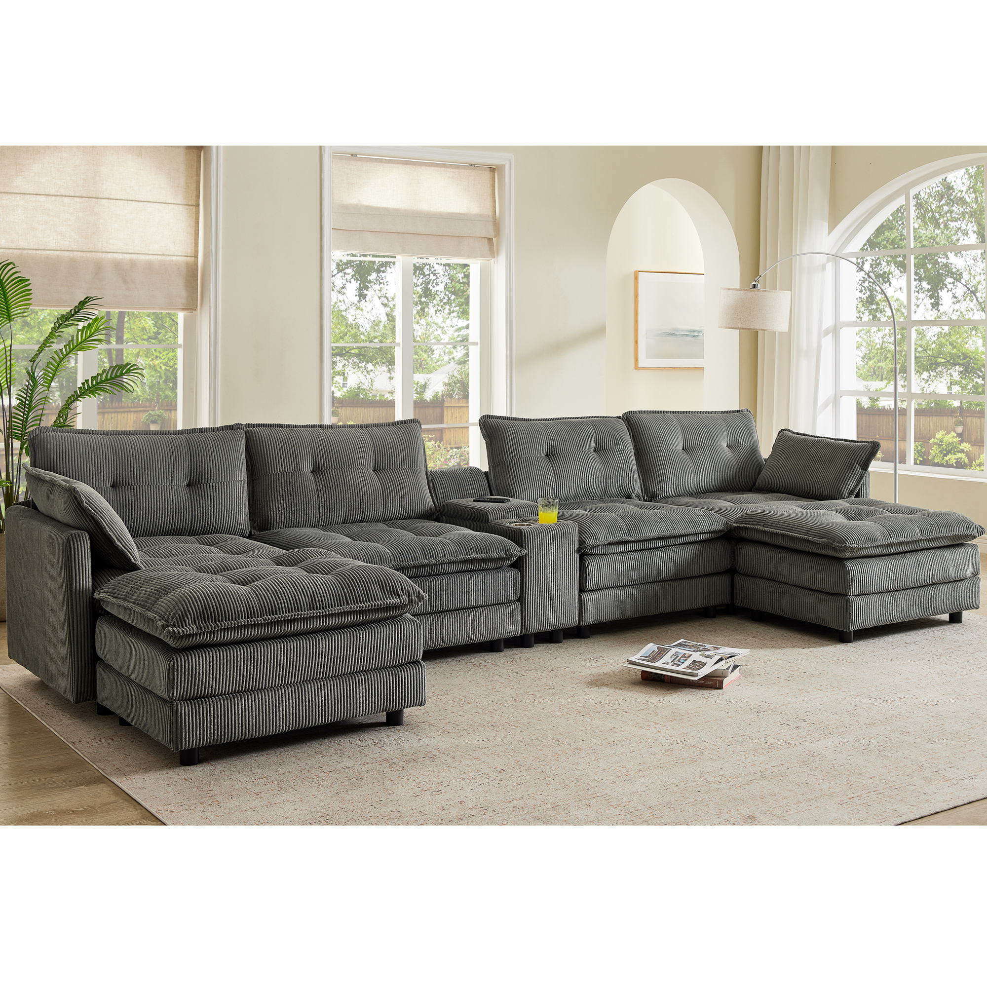 Canapé nuage sectionnel 154po gris, console USB, 6 places
