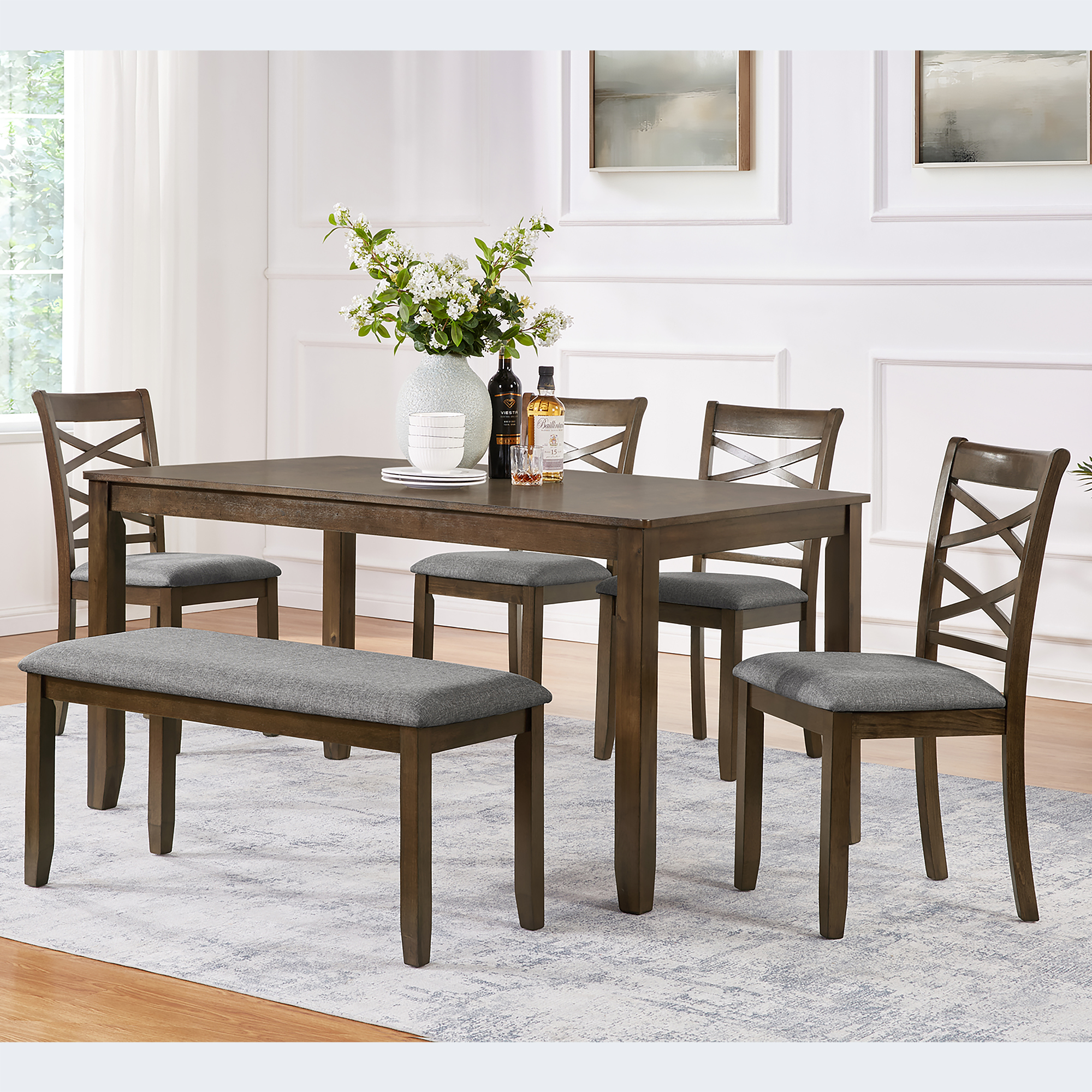 Ensemble table à manger 6 pièces, table chaises banc noyer élégant