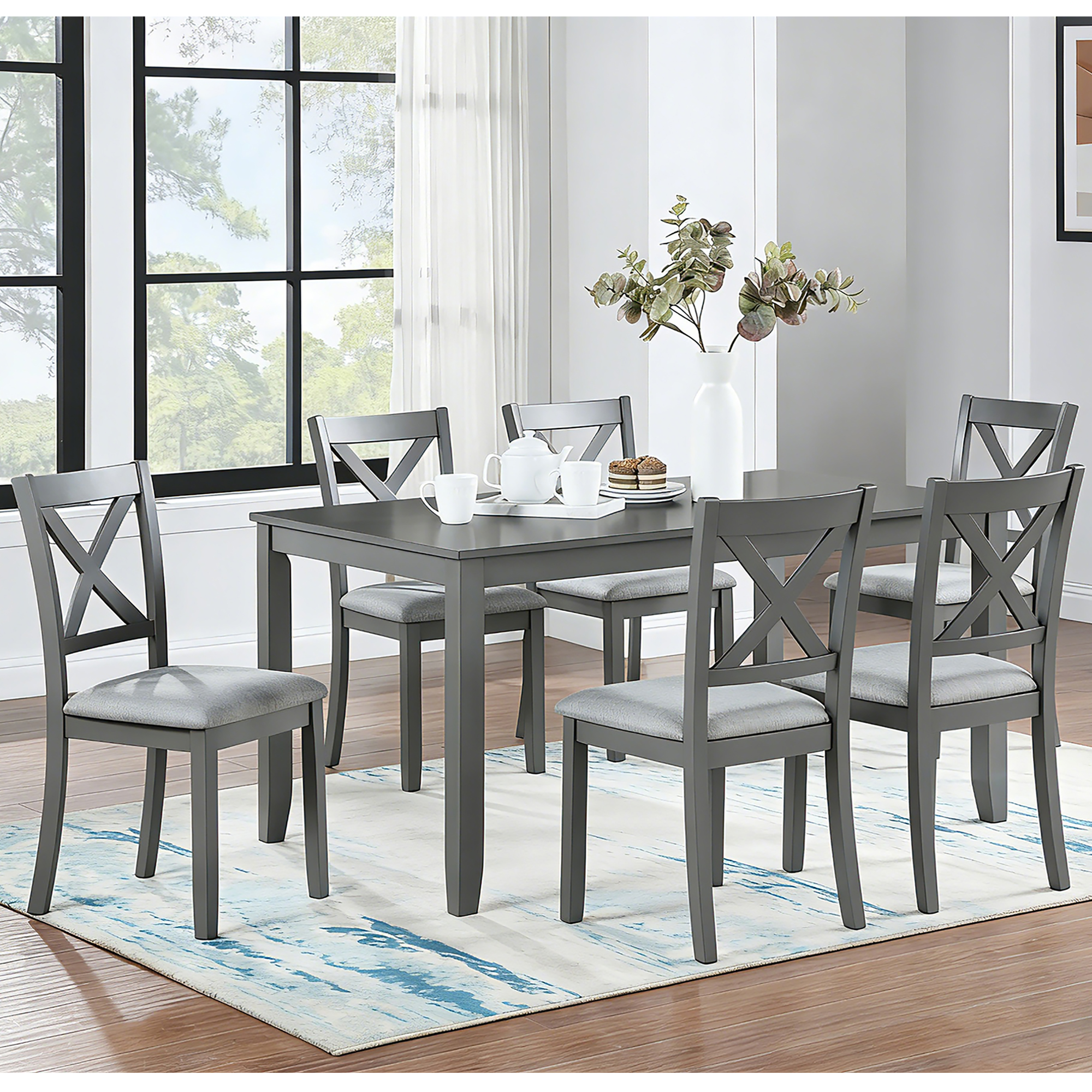 Ens table manger 7 pcs bois 58,5 po 6 chaises gris