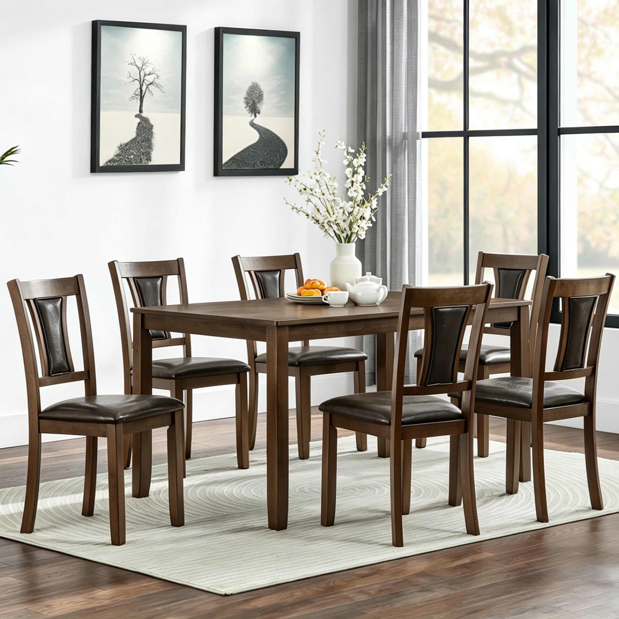 Ensemble salle à manger 7 pièces noyer, 6 chaises