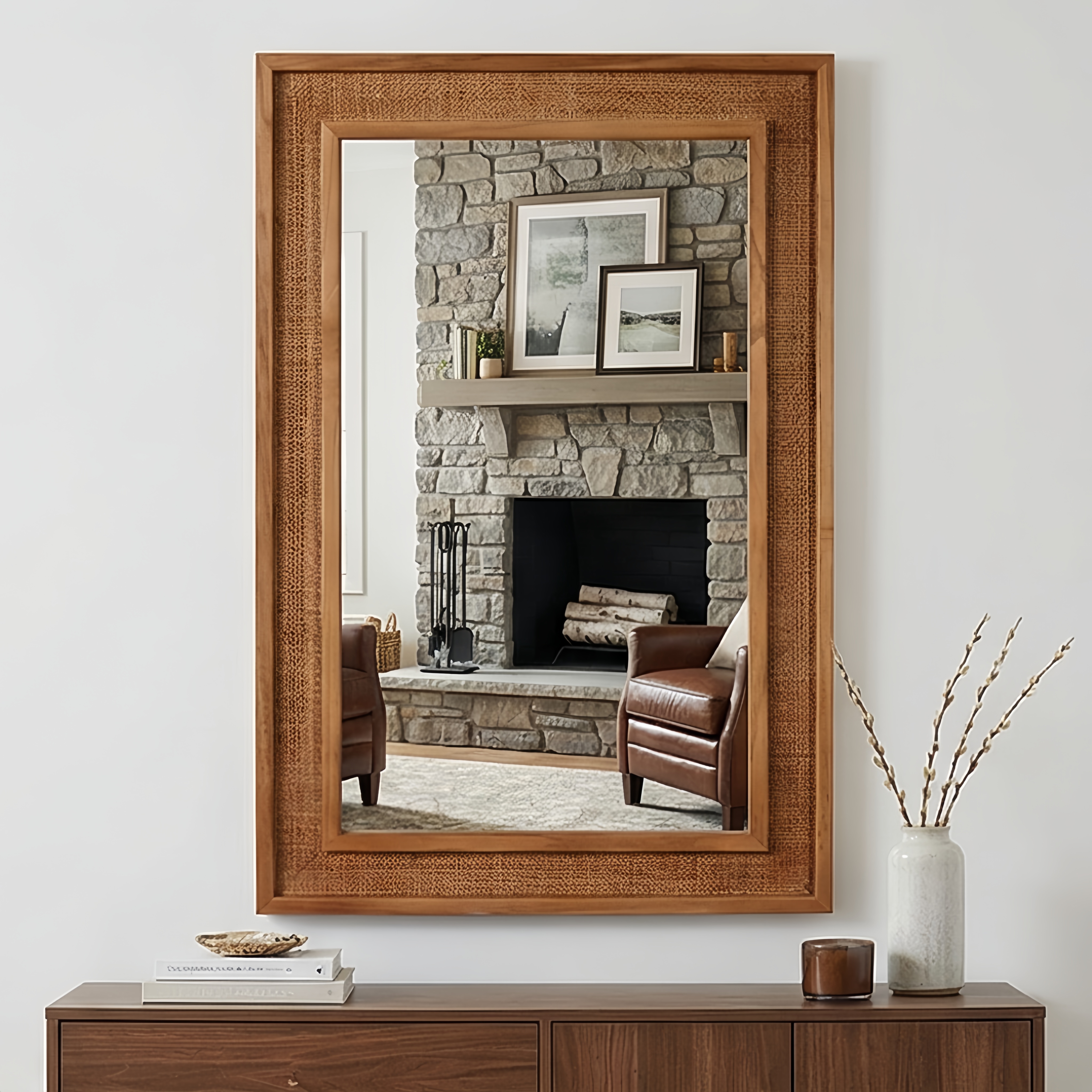 Miroir rotin brun 24"x36" cadre bois style fermette