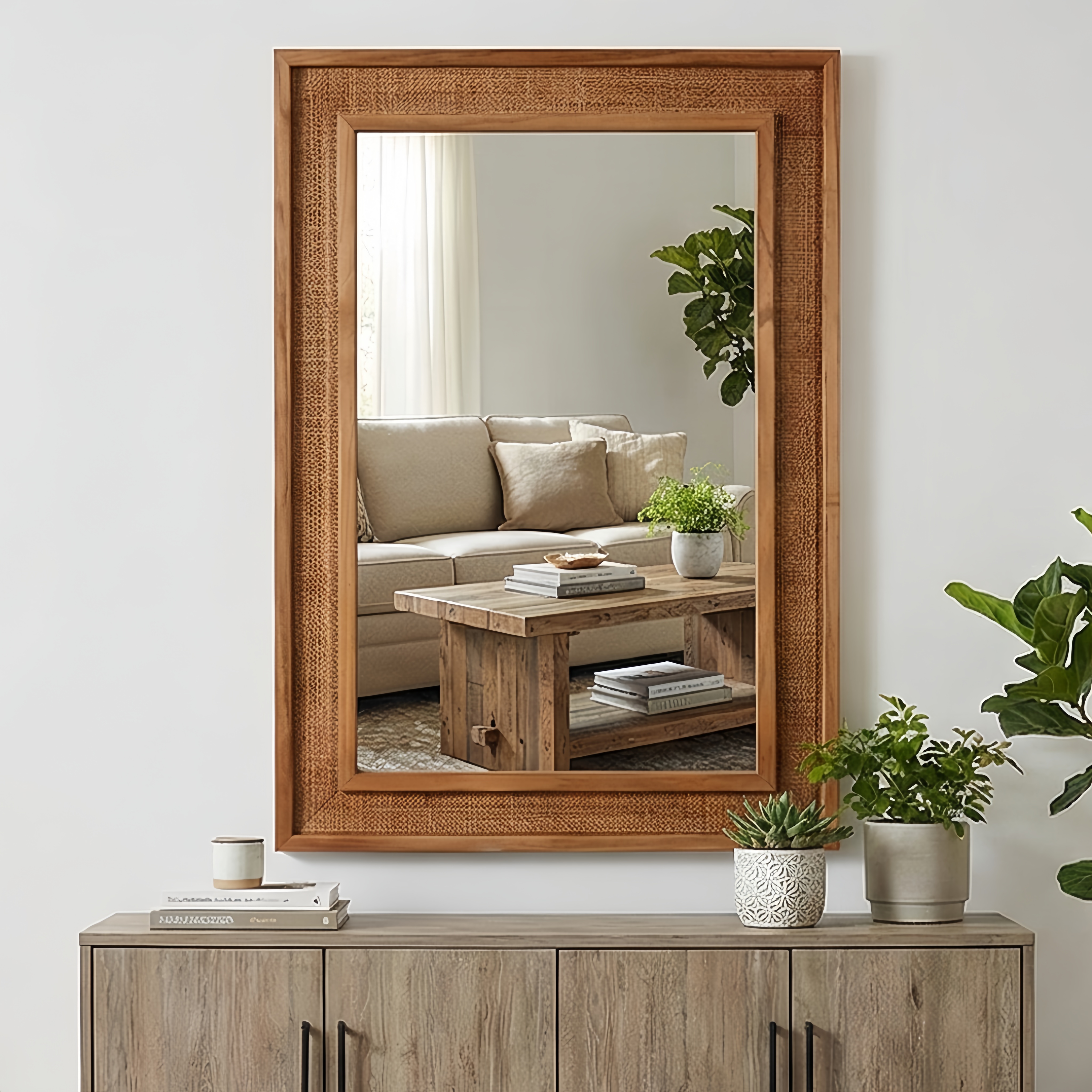 Miroir rotin 20x30po cadre bois ferme