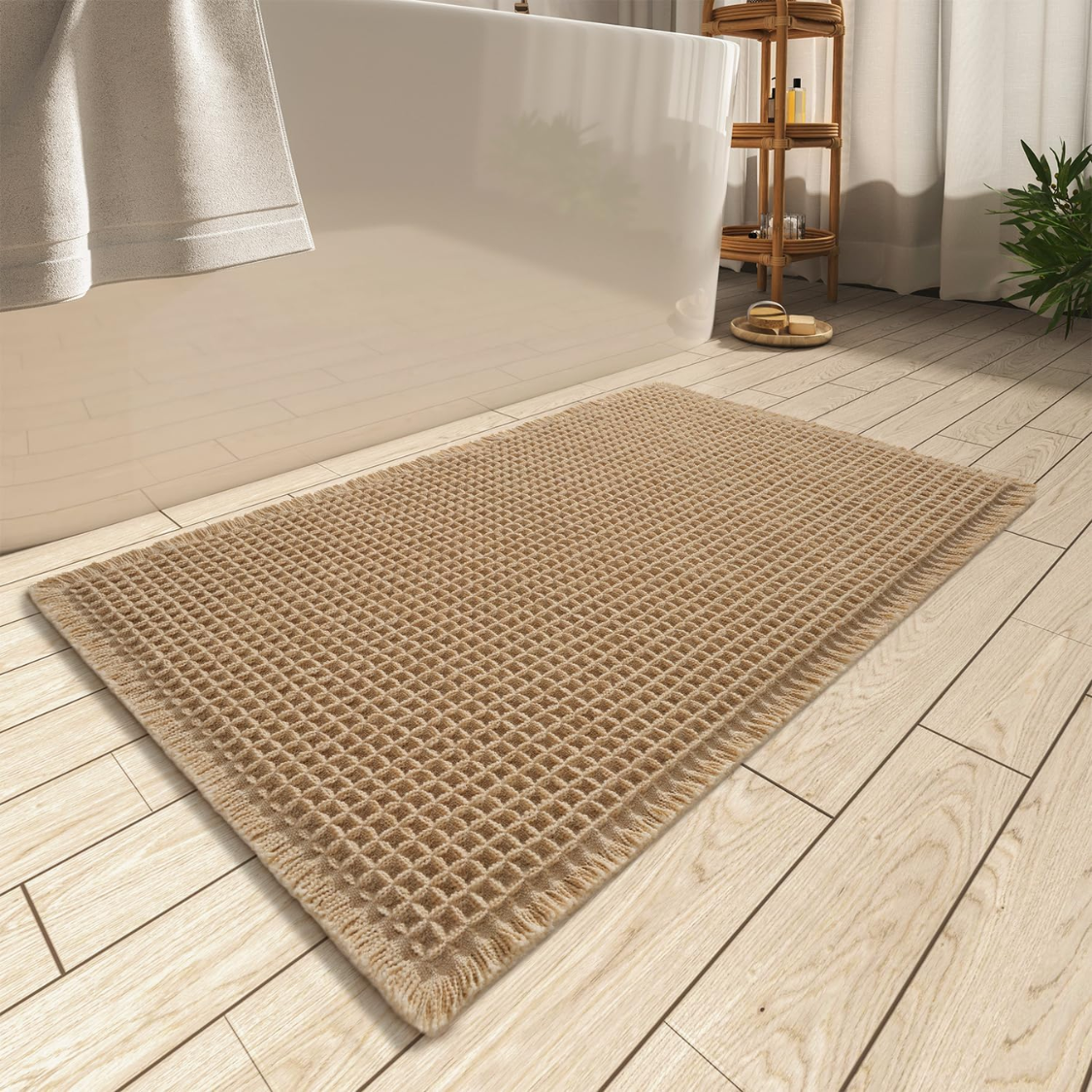 Tapis bain gaufre super absorbant antidérapant, machine lavable, franges