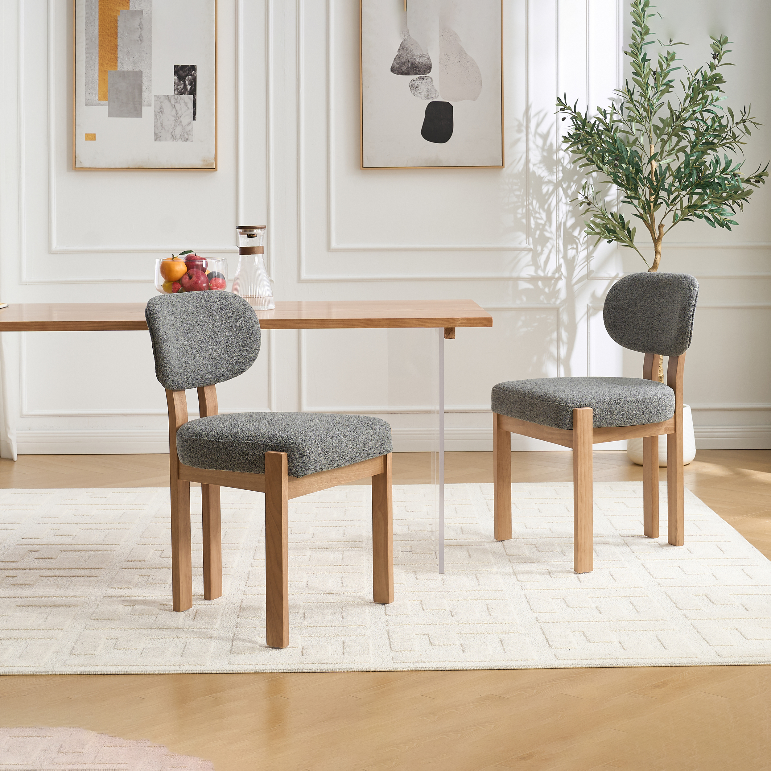 Ensemble 2 chaises de salle à manger bois, tissu moderne, style farmhouse