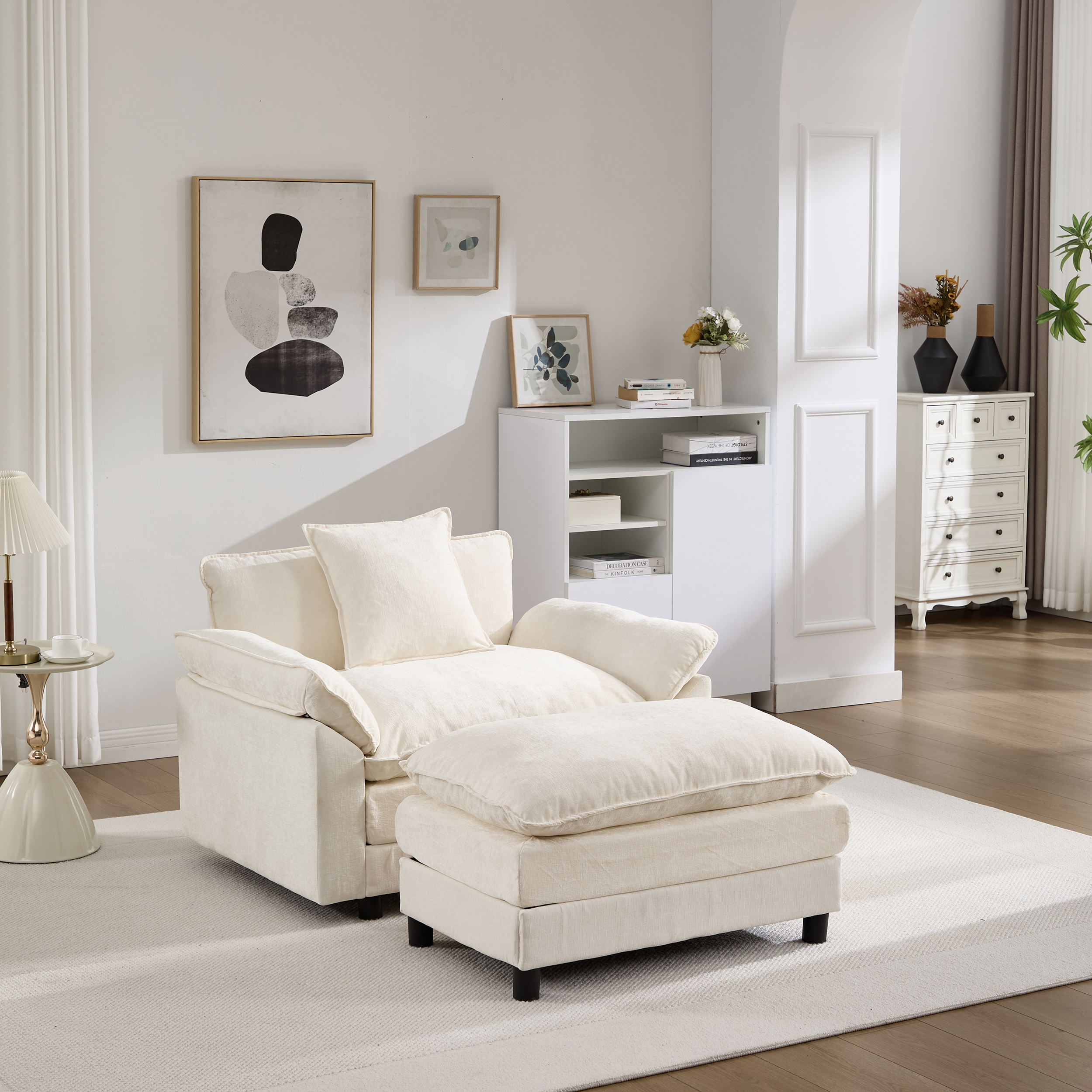 Fauteuil accent moderne 44,5'', ottoman, beige chenille
