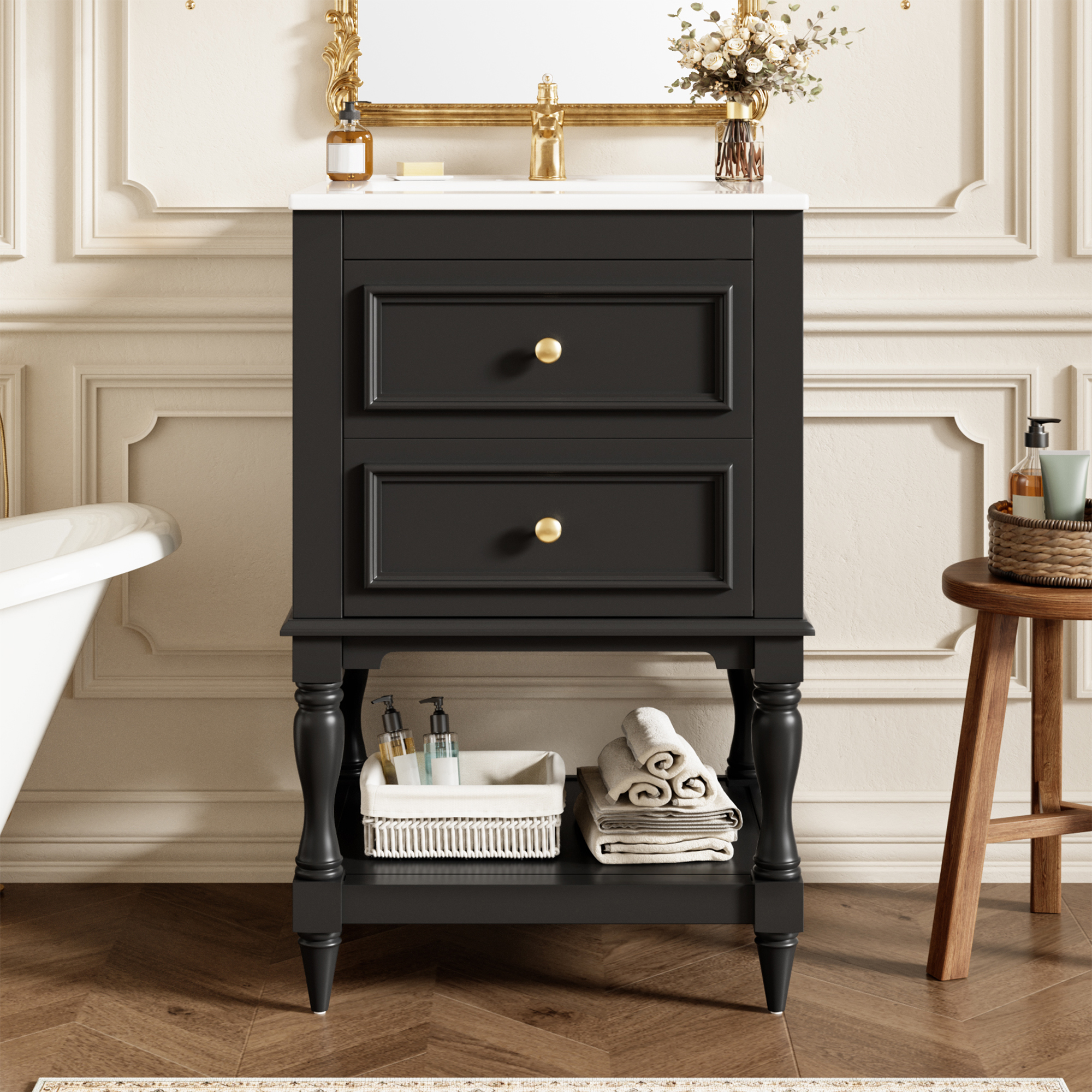 Meuble salle bain 20po, lavabo céramique, armoire 2 tiroirs, tablette
