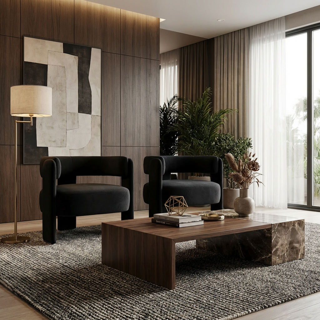 Fauteuil d'appoint velours, style mi-siècle, pieds bois, salon/chambre