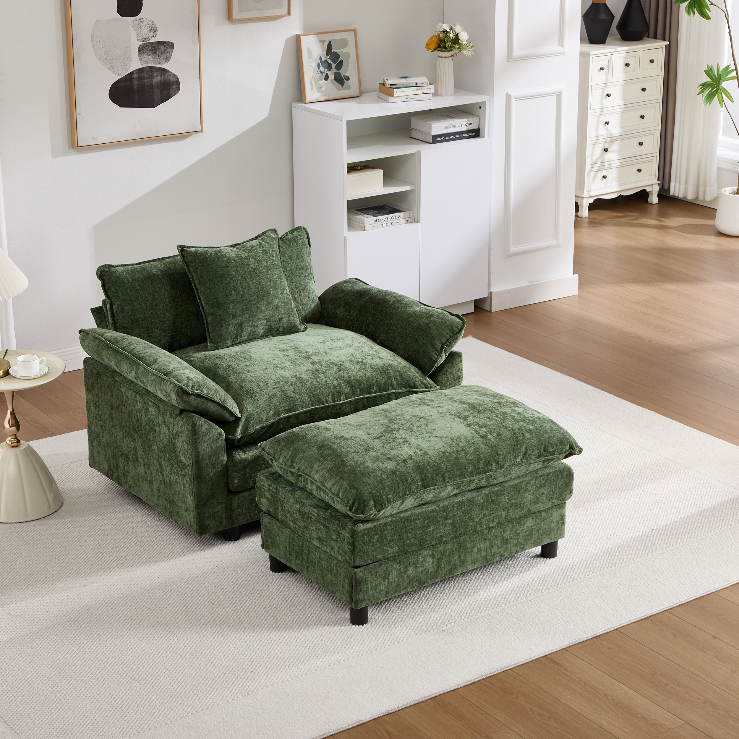 Fauteuil accent 44,5" vert ottoman chenille