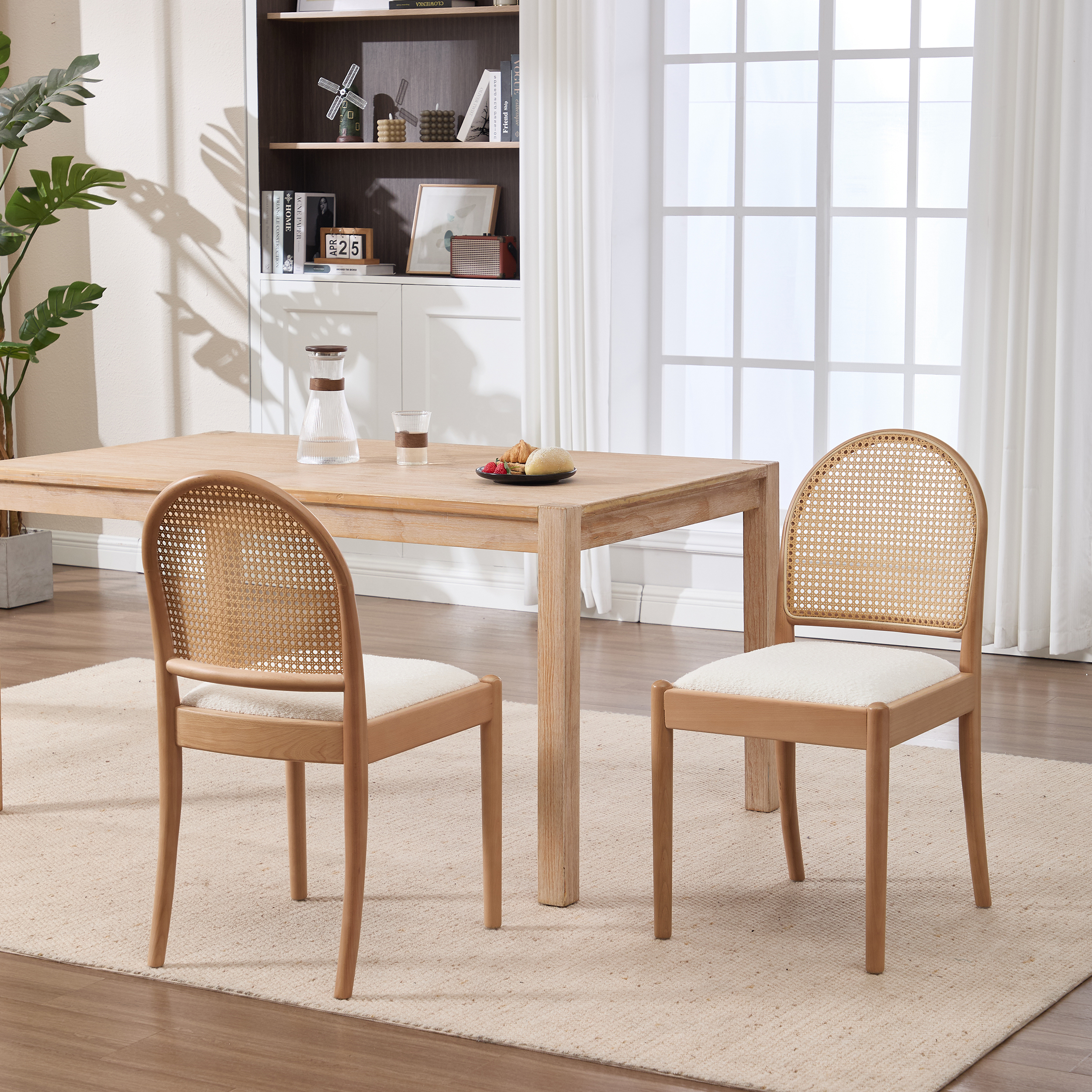 Ensemble 2 chaises salle à manger rotin lin dossier pieds bois beige