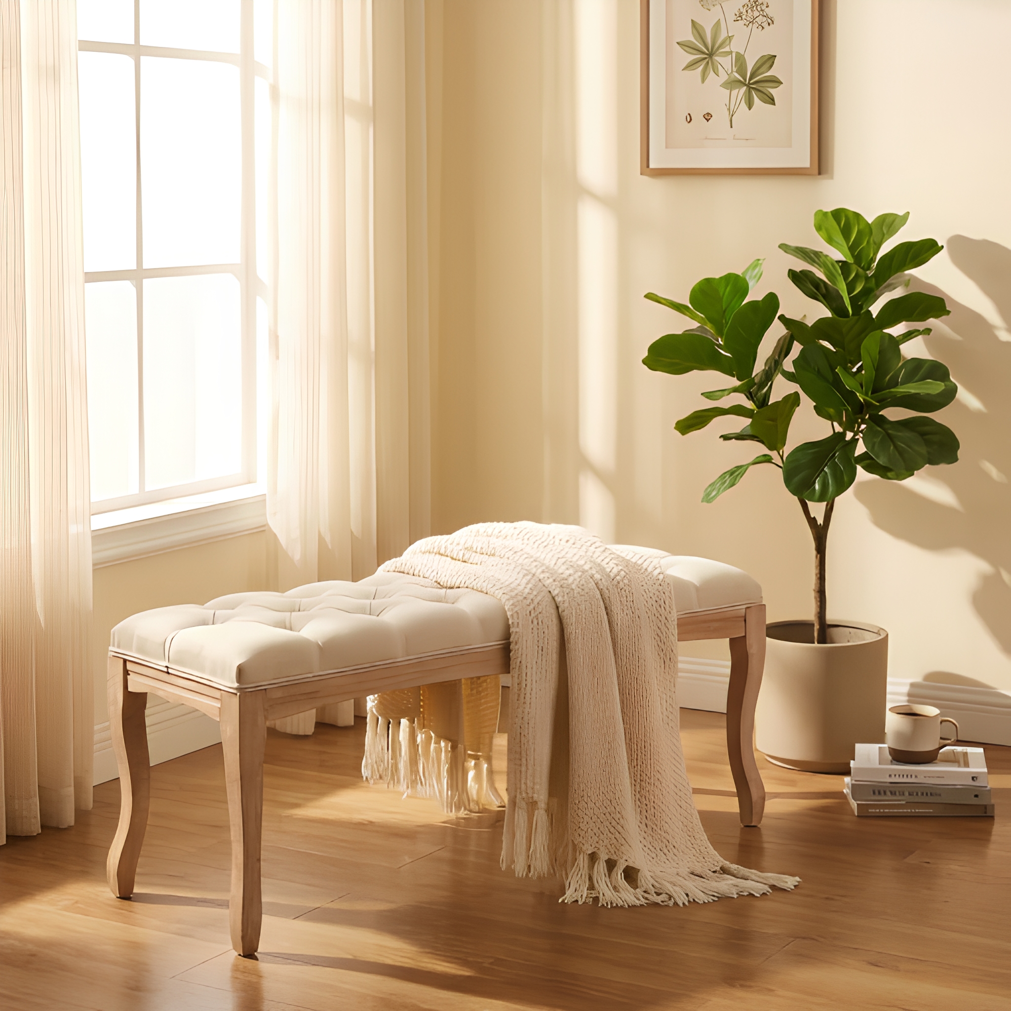 Banc chambre style français, bout de lit capitonné, 43.3", bois vieilli