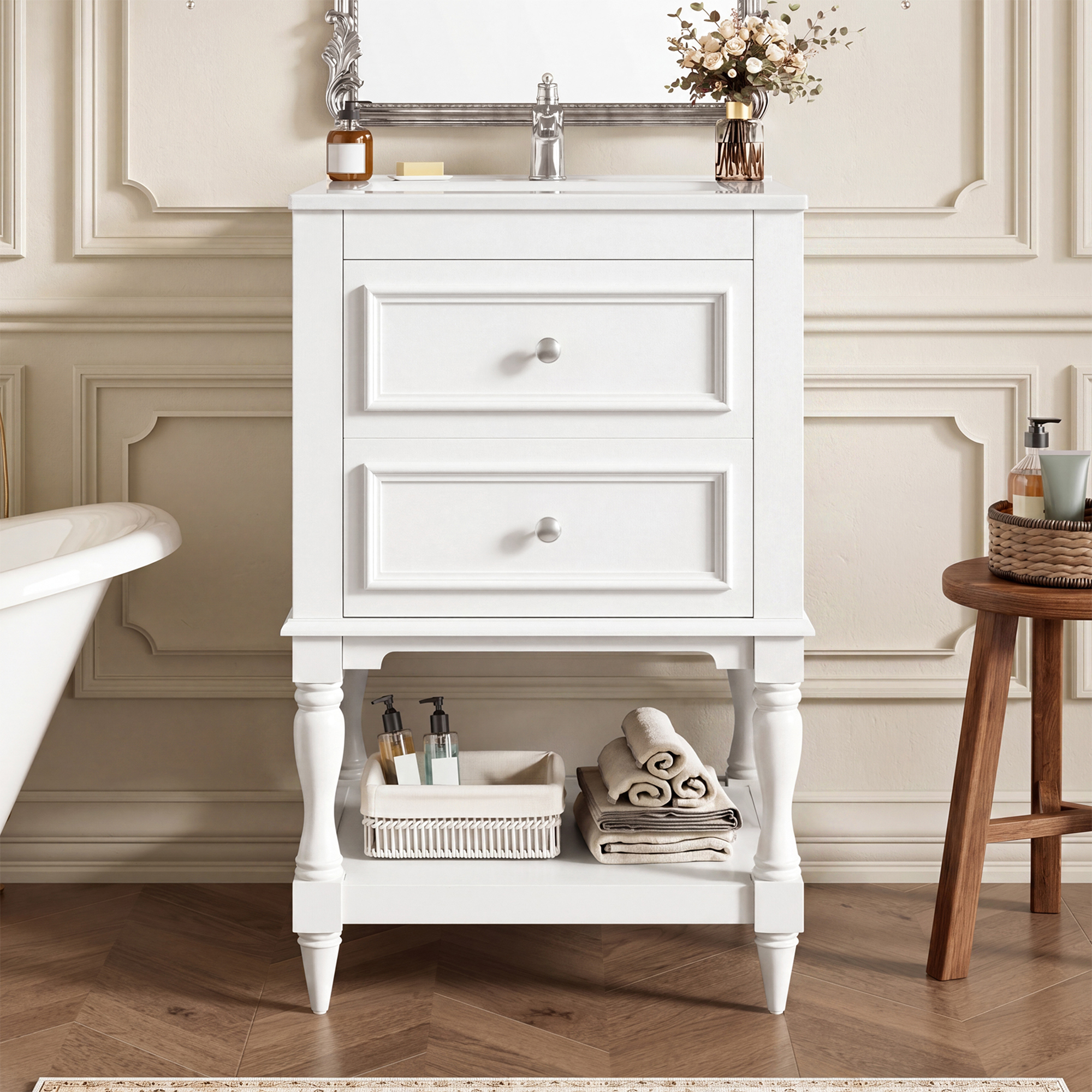 Meuble salle de bain 20 po, lavabo céramique, 2 tiroirs