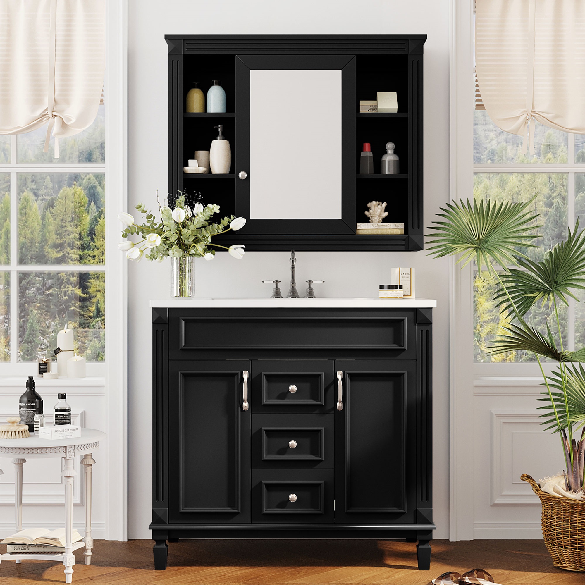 Vanité Salle Bain 36po Noir Miroir 2 Portes Fermeture Douce