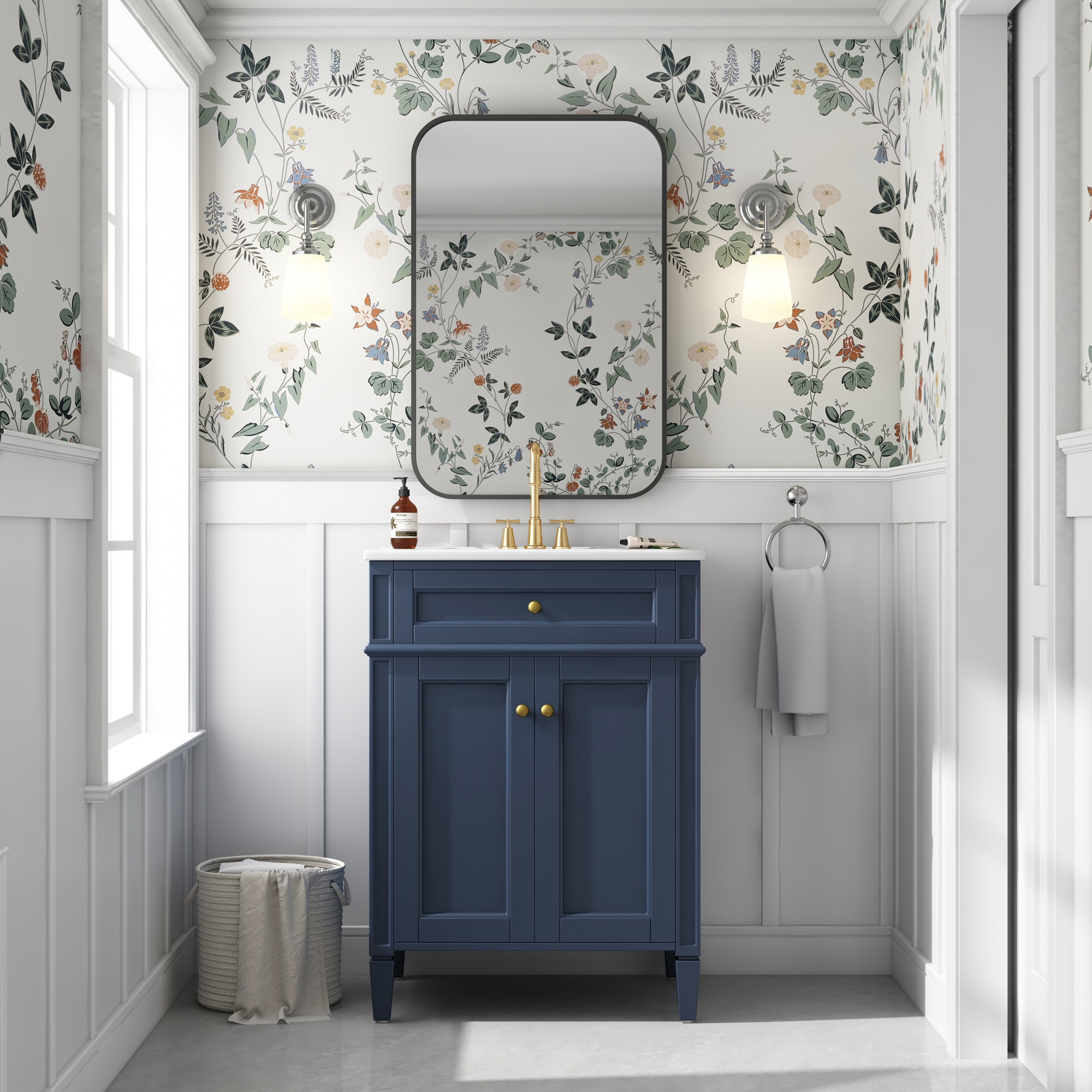Vanité salle bain 24po 2 portes tiroir panier lavabo portes fermeture