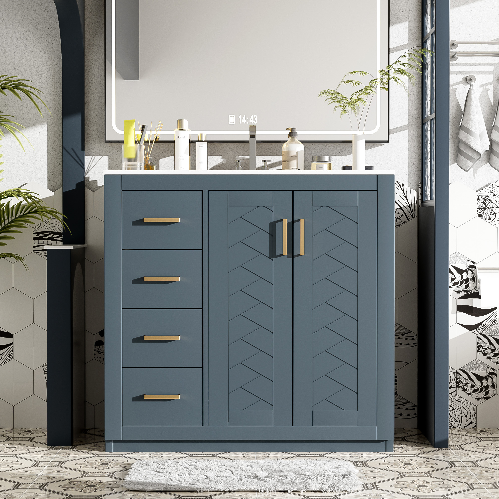 Meuble lavabo 36", céramique, bois massif, 3 tiroirs