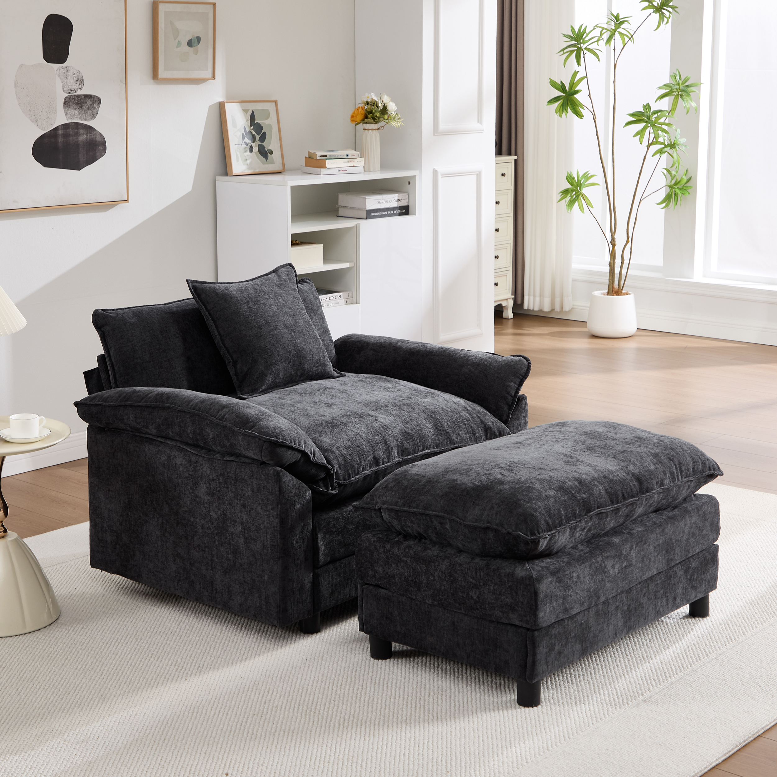 Fauteuil accent 44,5" noir ottoman tissu chenille