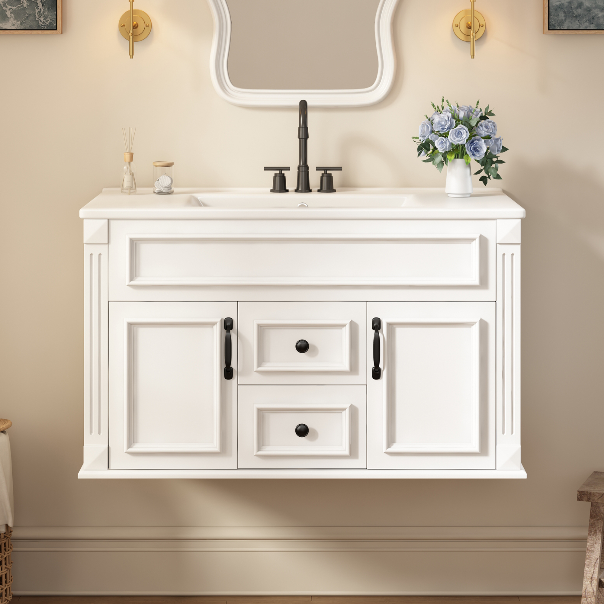 Meuble salle bain 36", lavabo céramique, portes soft