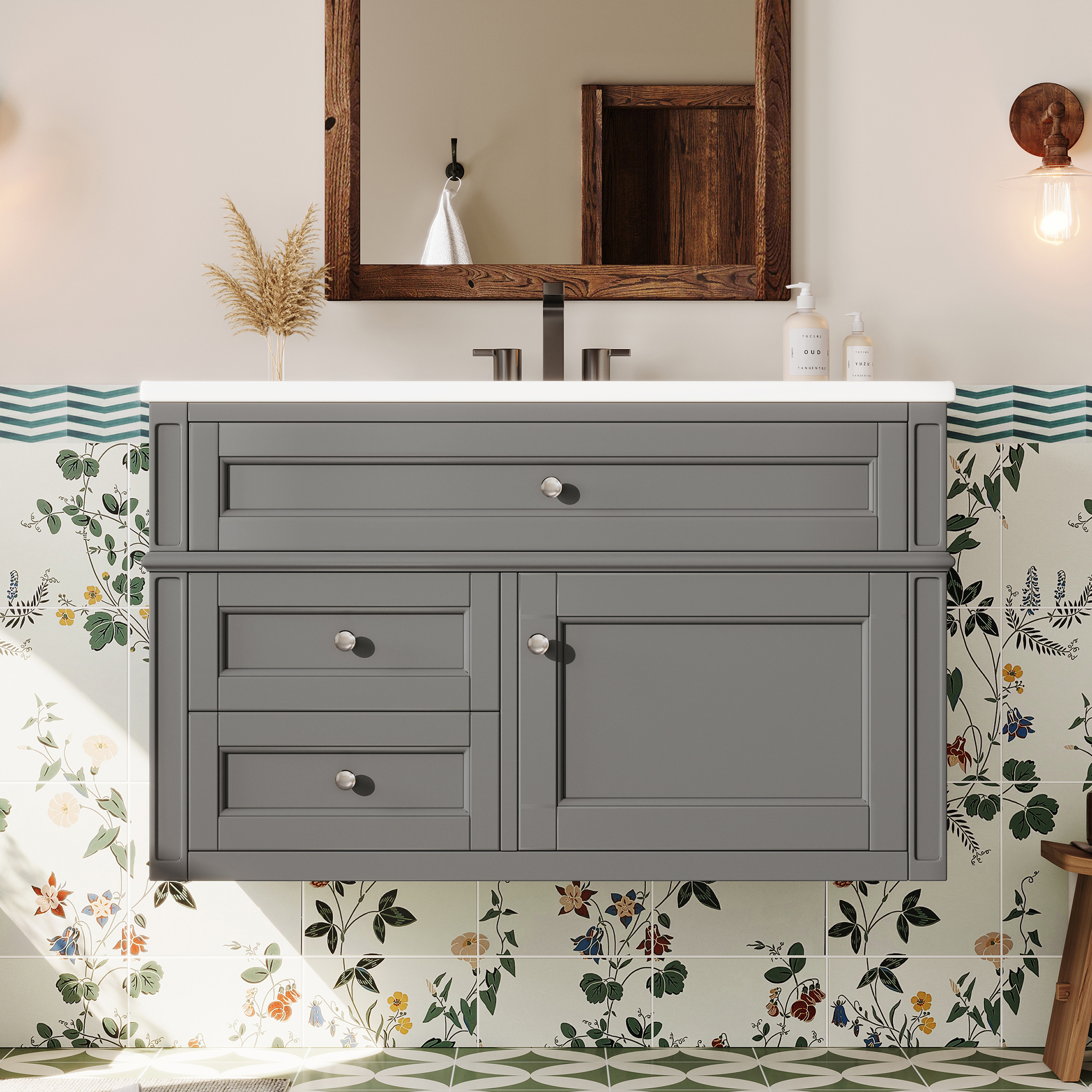 Meuble-lavabo 36" suspendu, 2 tiroirs, lavabo céramique 3 trous