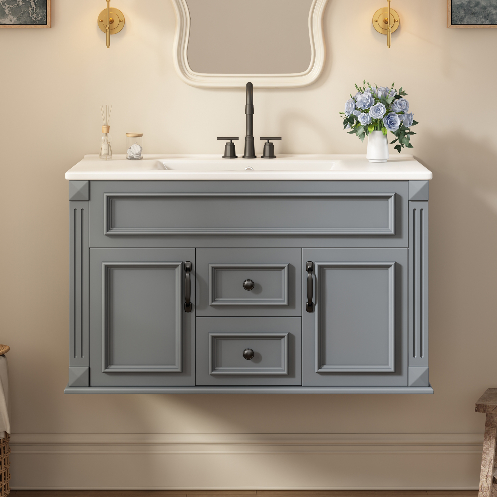 Meuble salle de bain 36 po, lavabo céramique, style français