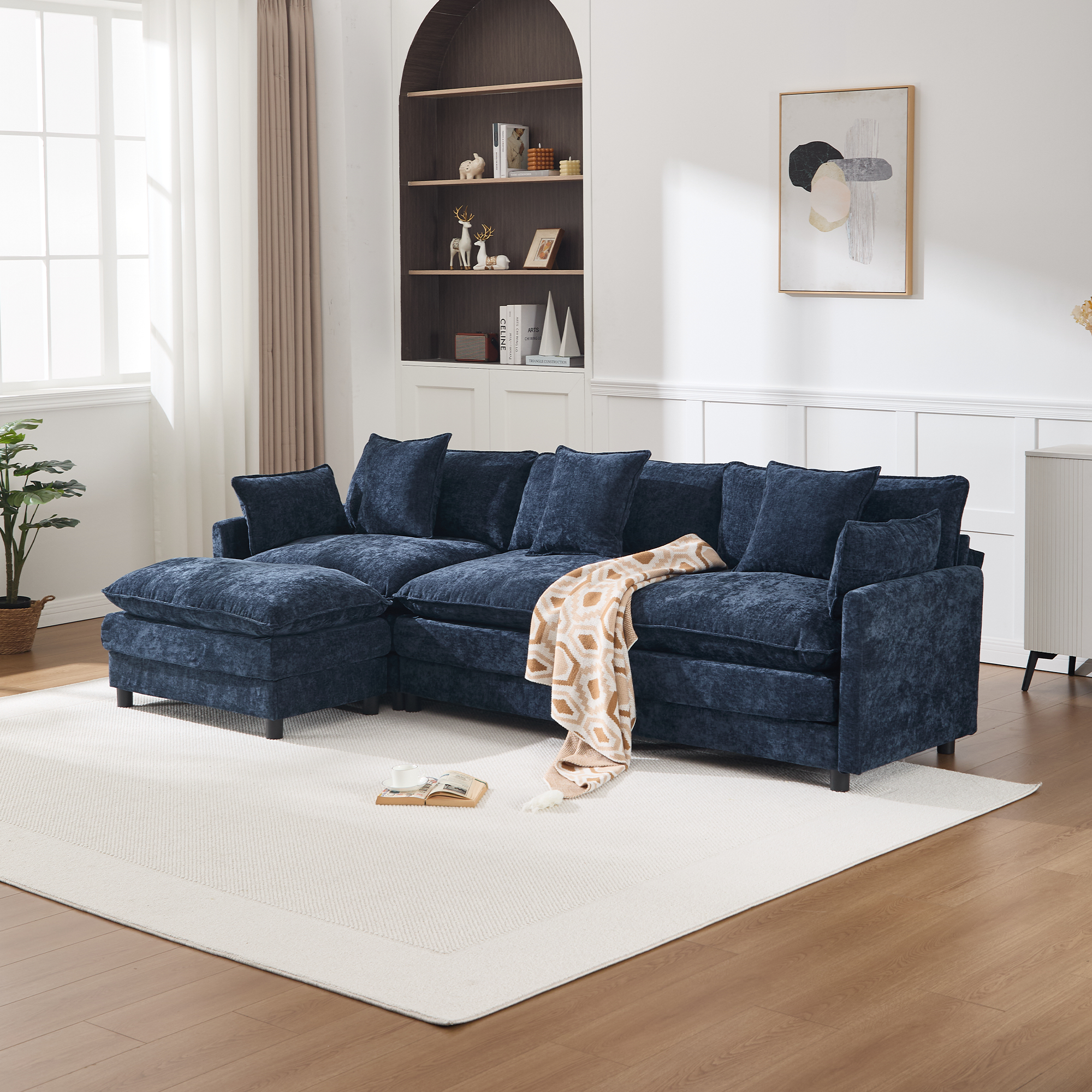 Canapé modulaire nuage gris 108" L, 4 places, ottoman, lin profond