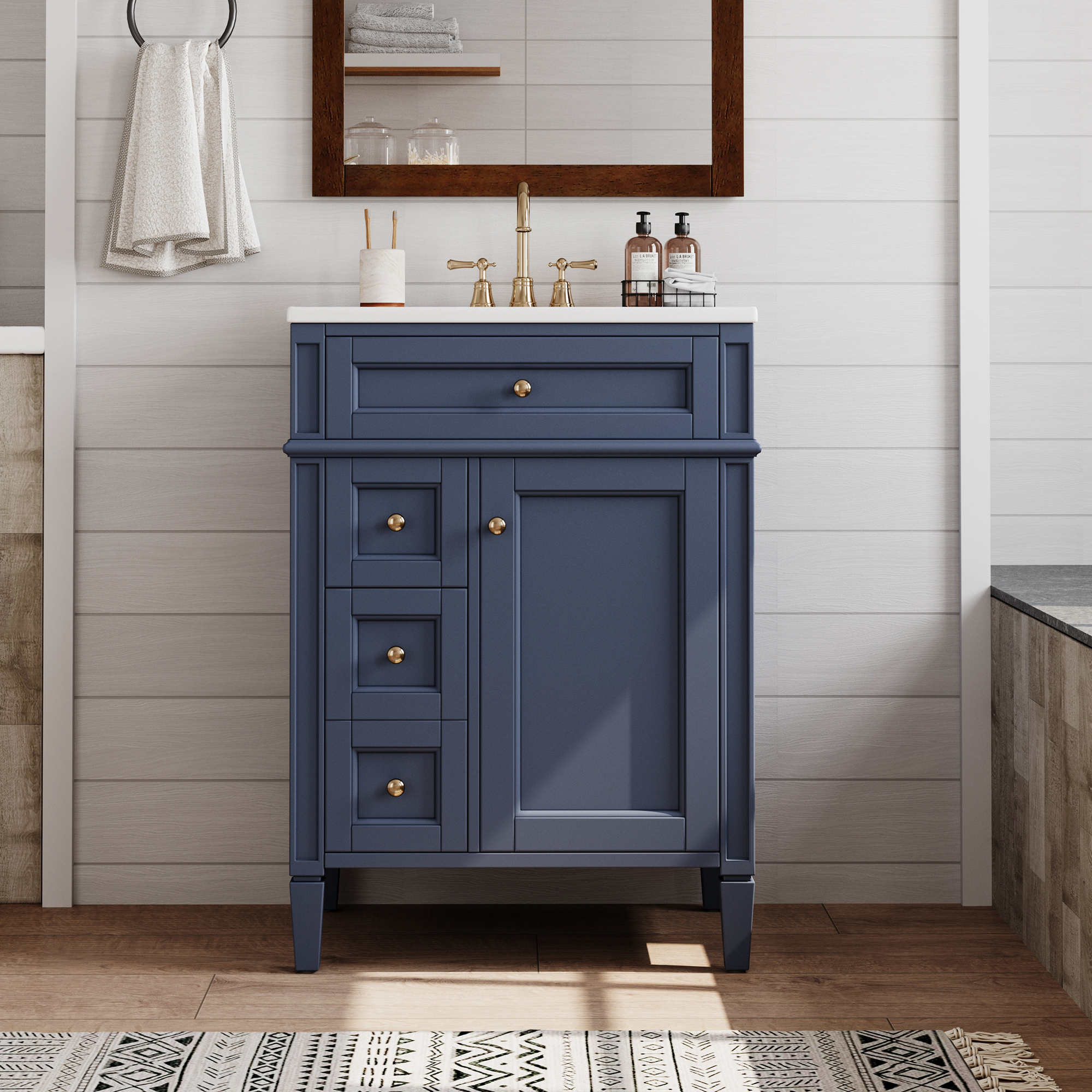 Vanité salle de bain 24 po, lavabo céramique, 2 tiroirs, miroir