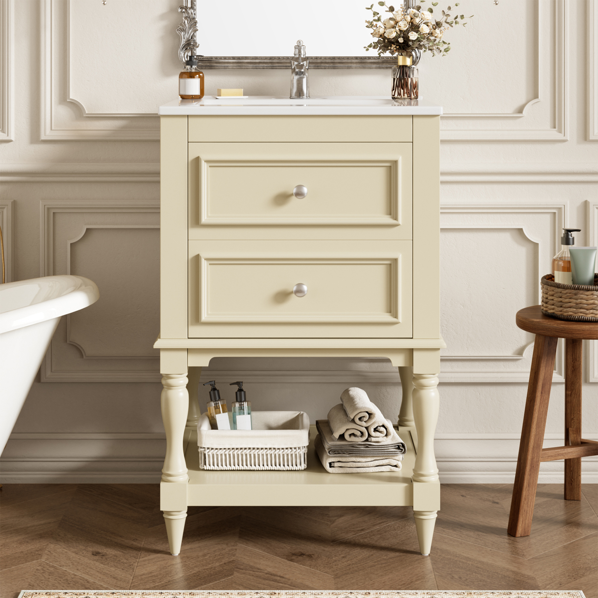 Meuble salle bain 20", lavabo céramique, 2 tiroirs
