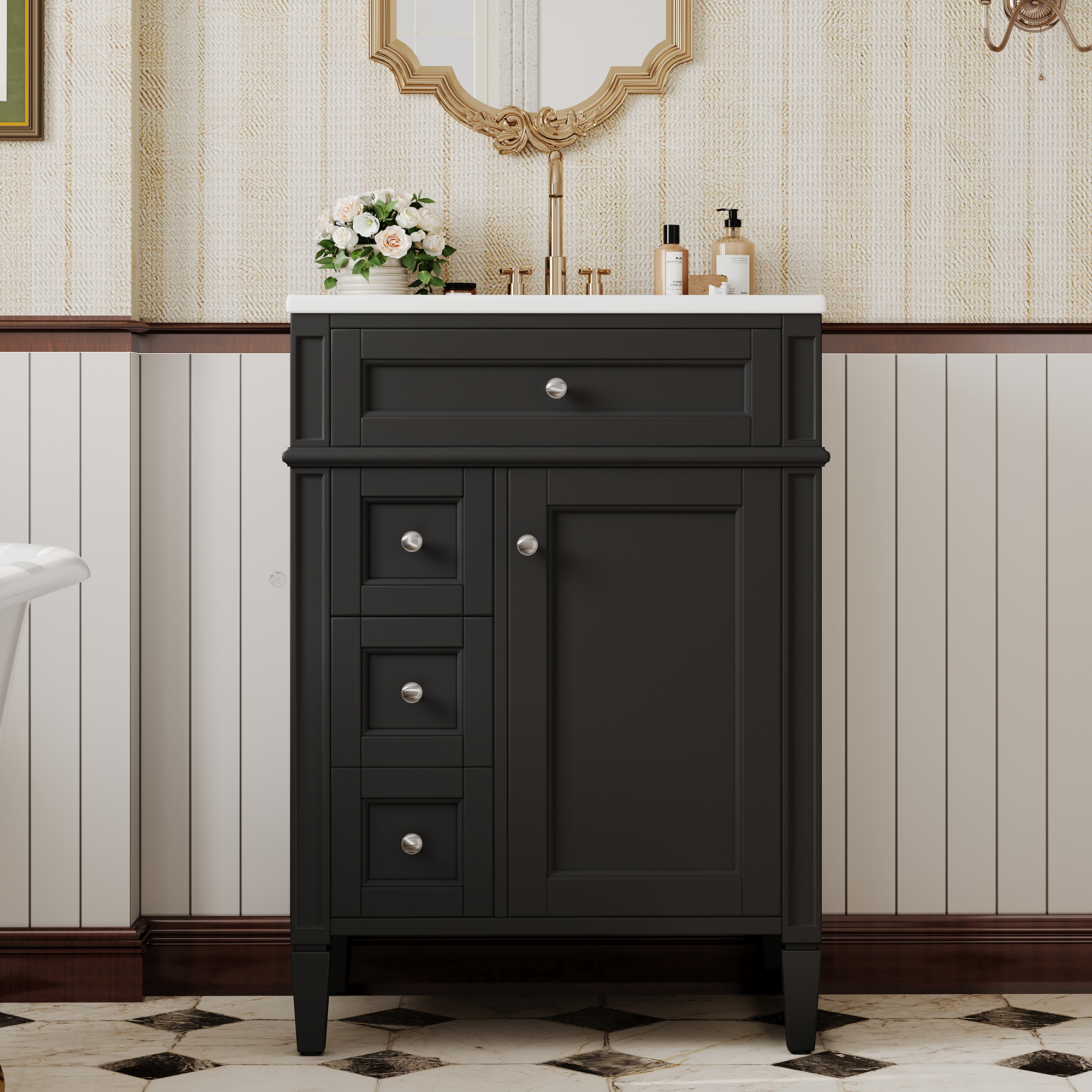 Vanité salle de bain 24 po, lavabo céramique, 2 tiroirs, miroir