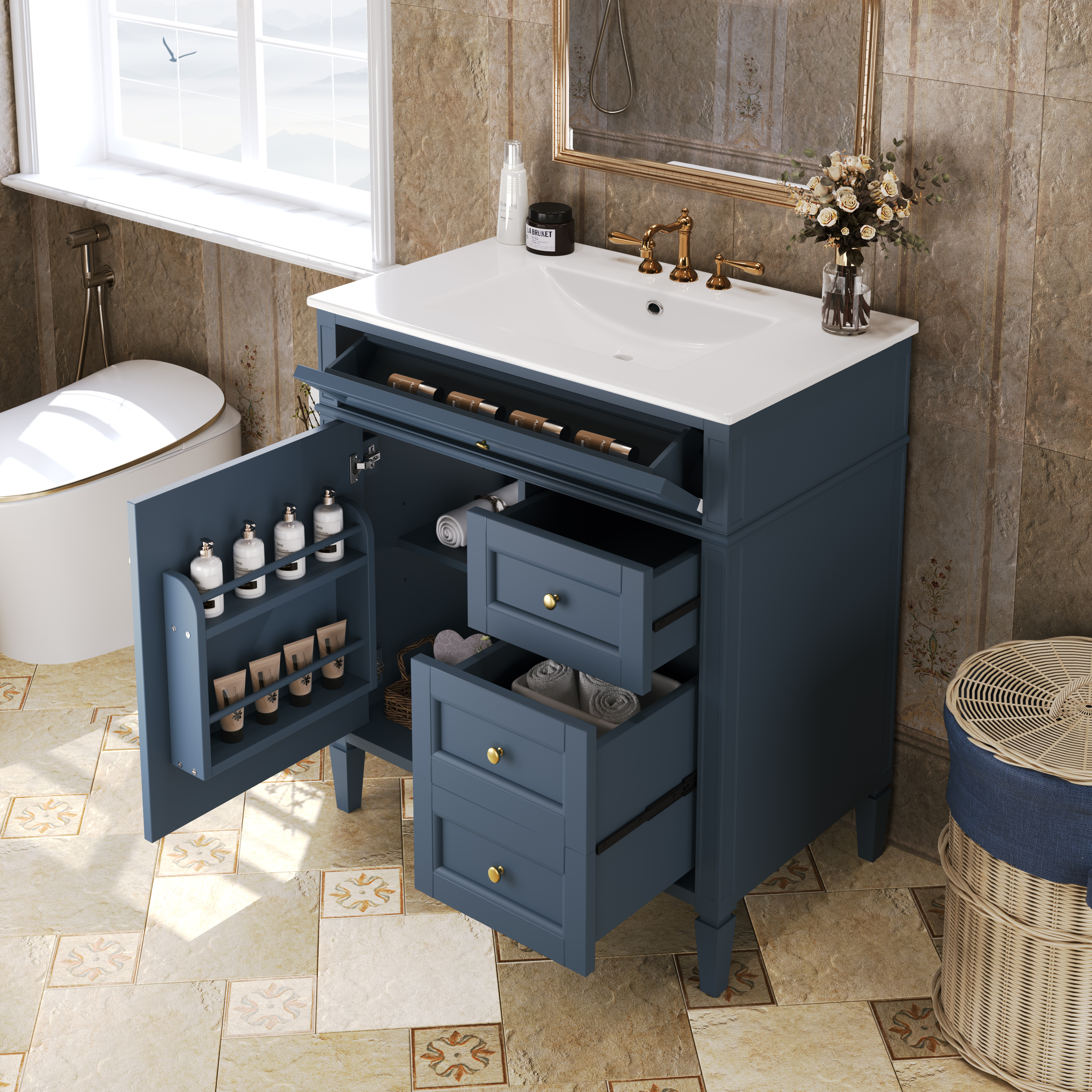Meuble lavabo 30'', haut, 2 tiroirs, 1 tiroir basculant