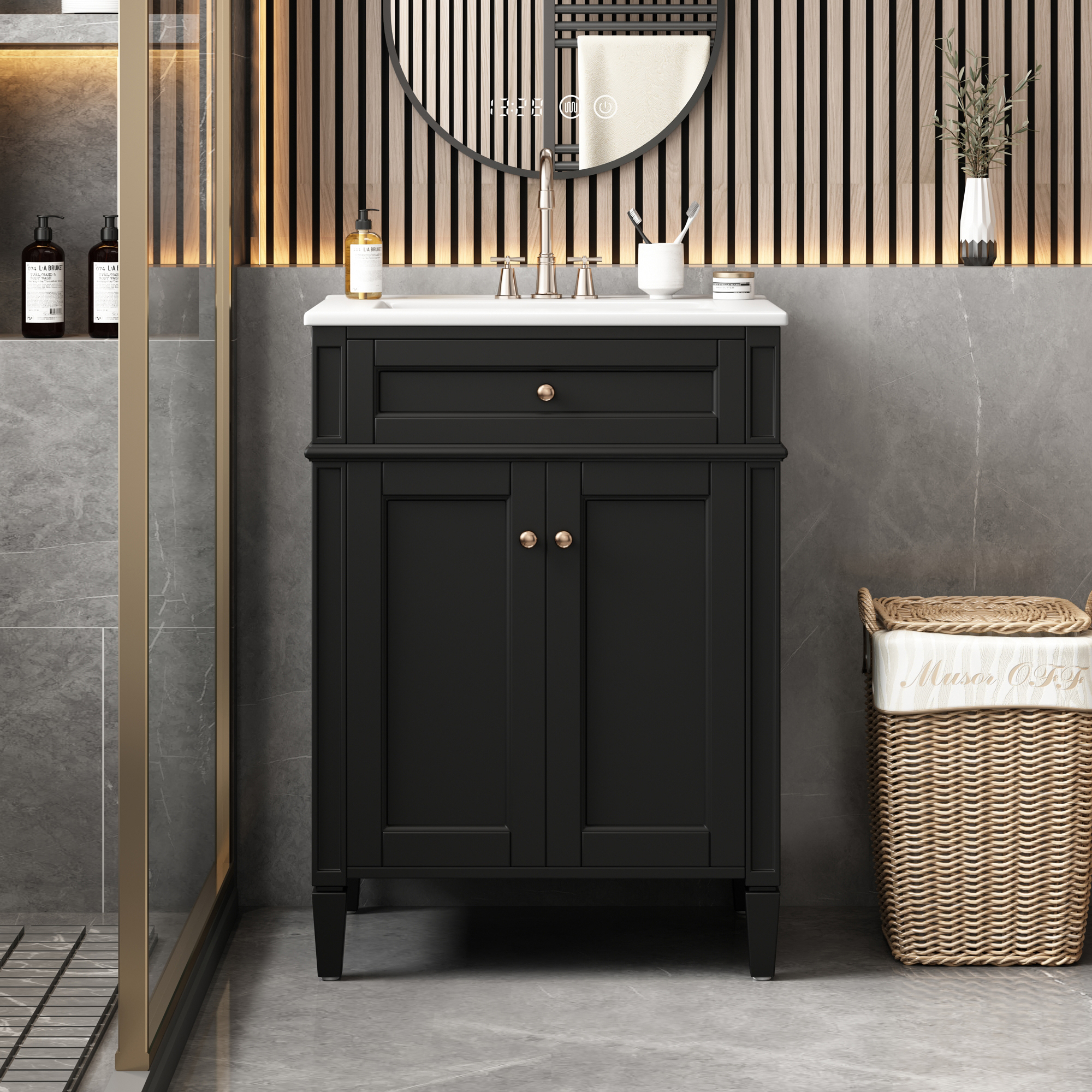 Vanité salle bain 24po 2 portes tiroir panier lavabo portes fermeture