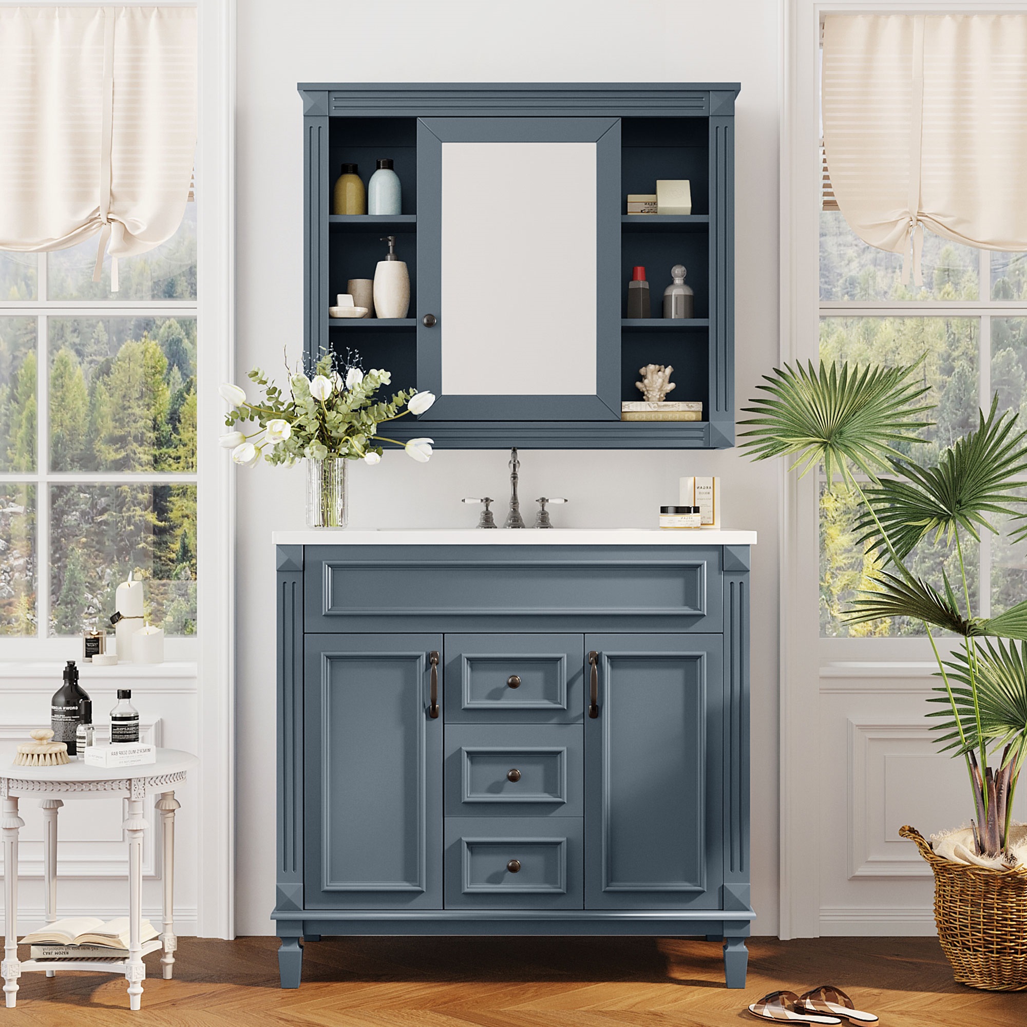 Vanité salle bain 36po bleu royal, miroir cabinet, 2 portes fermeture douce