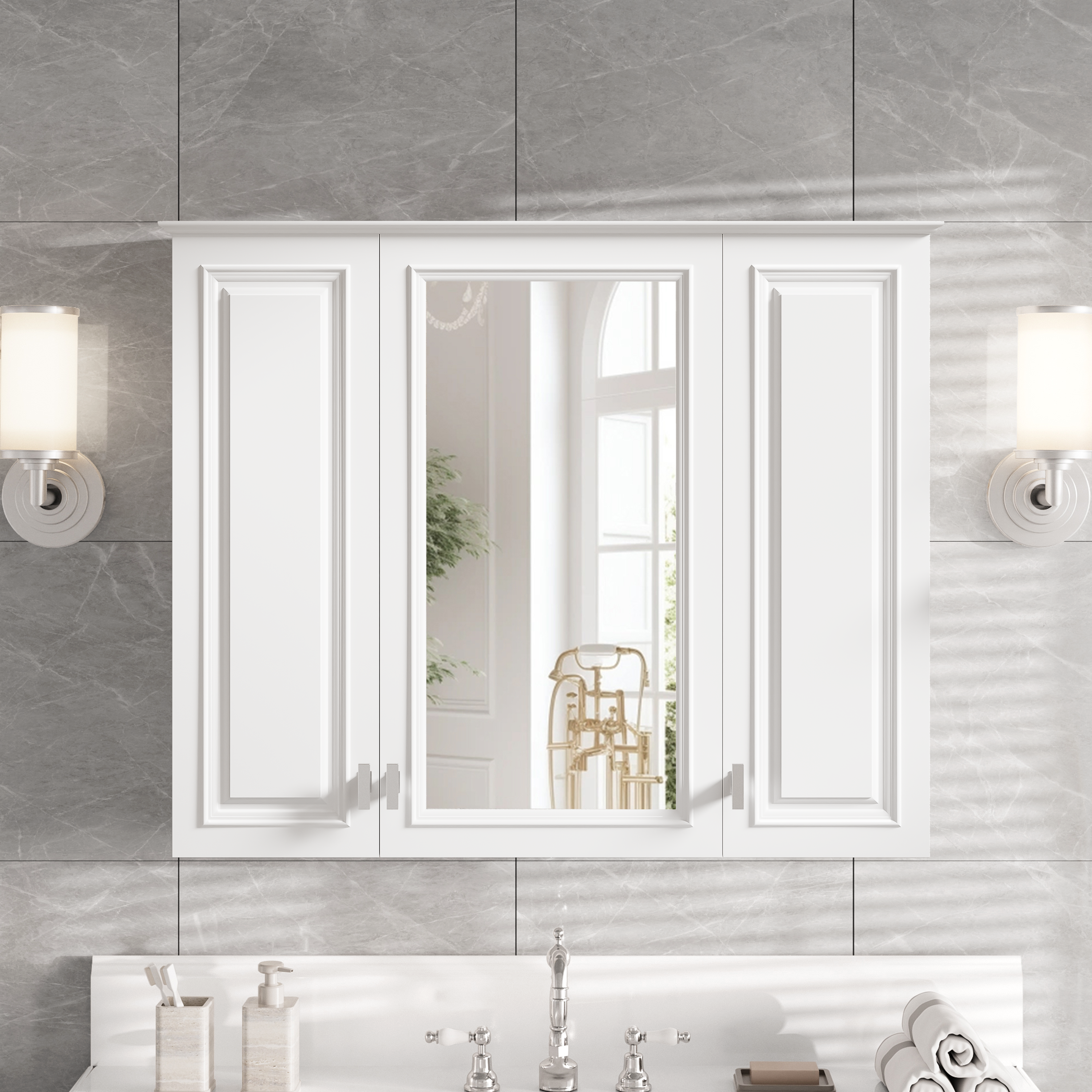 Armoire murale salle de bain 35 po 5 tablettes porte miroir blanc