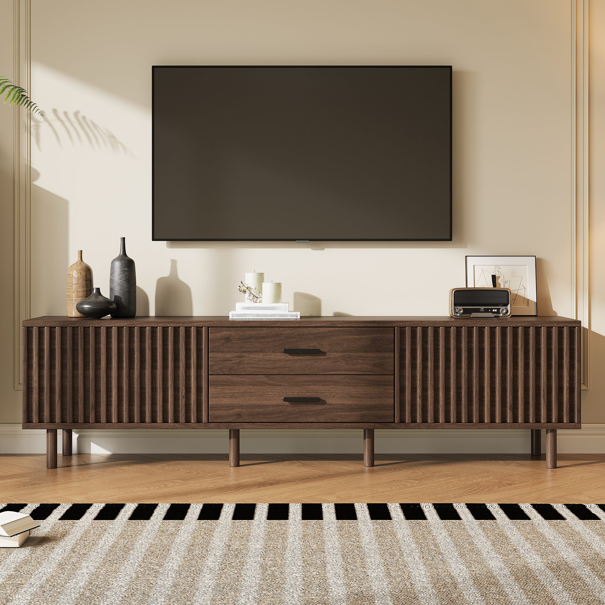 Meuble TV 70po entreposage pieds bois massif