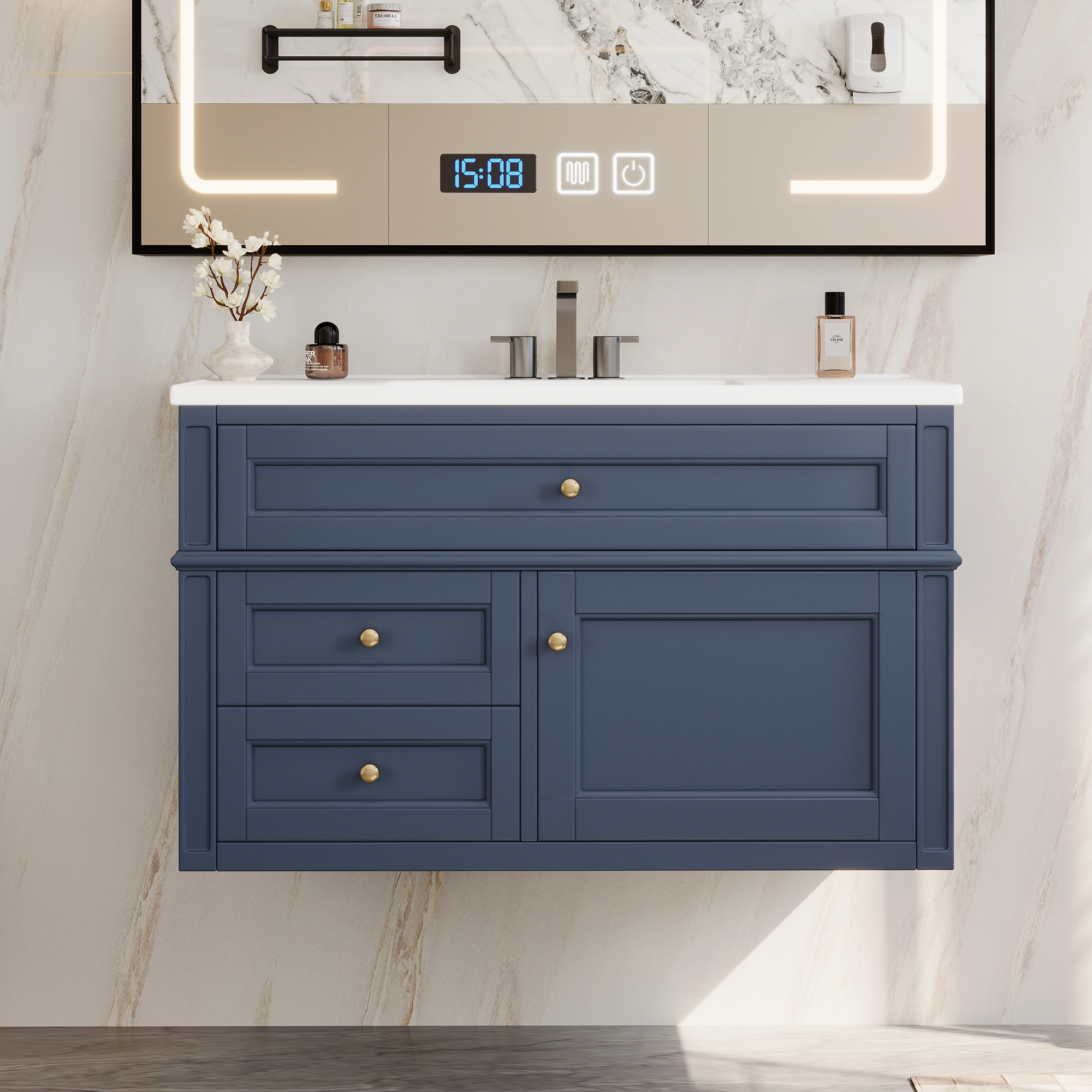 Meuble salle bain mural 36po 2 tiroirs céramique blanc