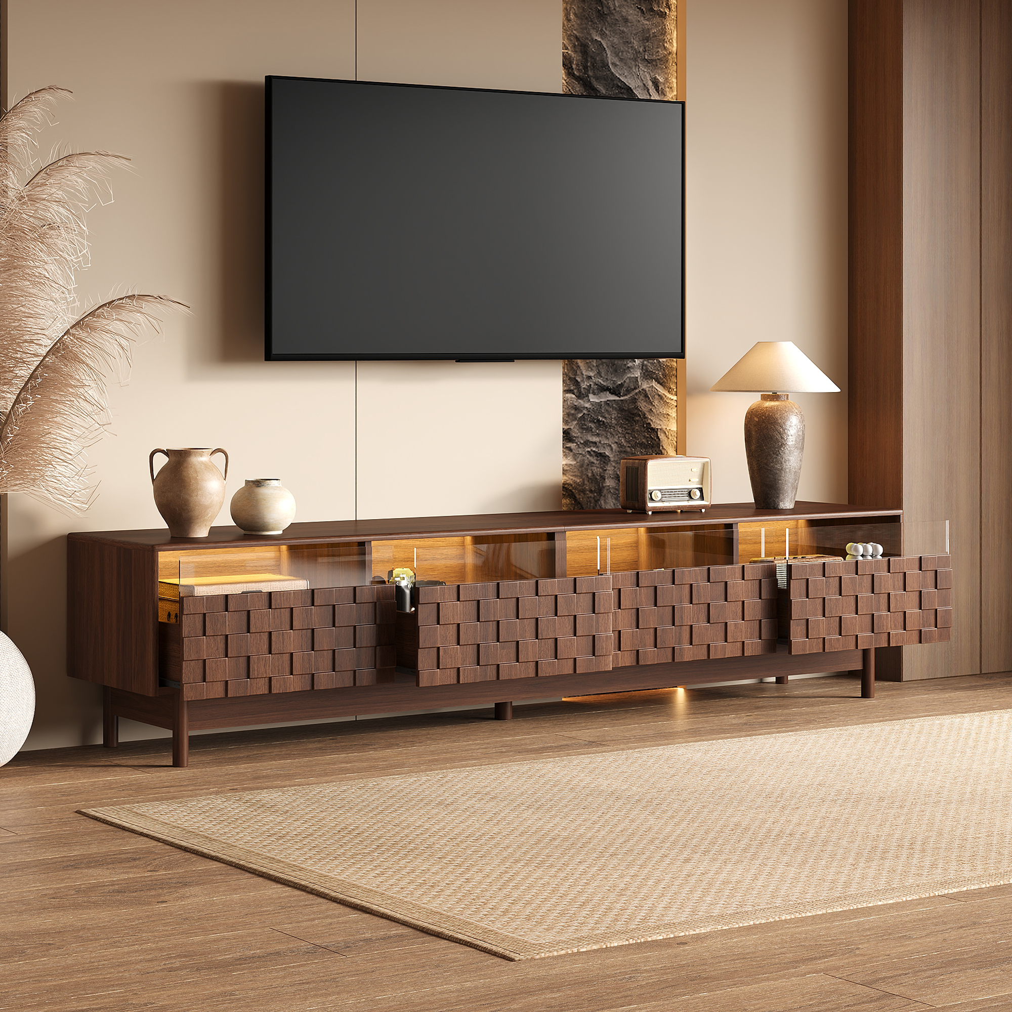 Meuble télé 78po jusqu'à 85po LED moderne console verre tiroirs